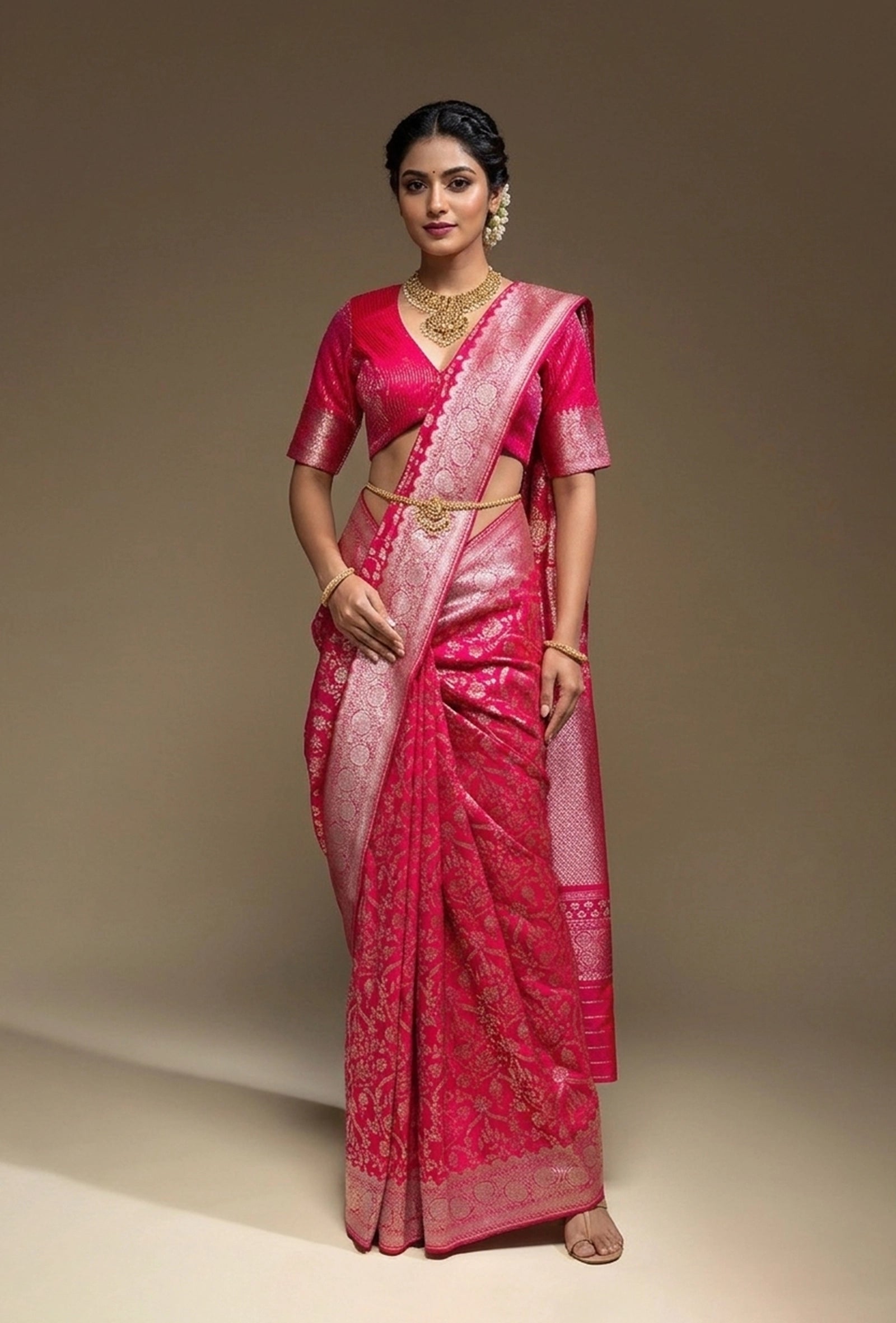 Hot Pink Mashru Silk Saree With Unstitched Blouse