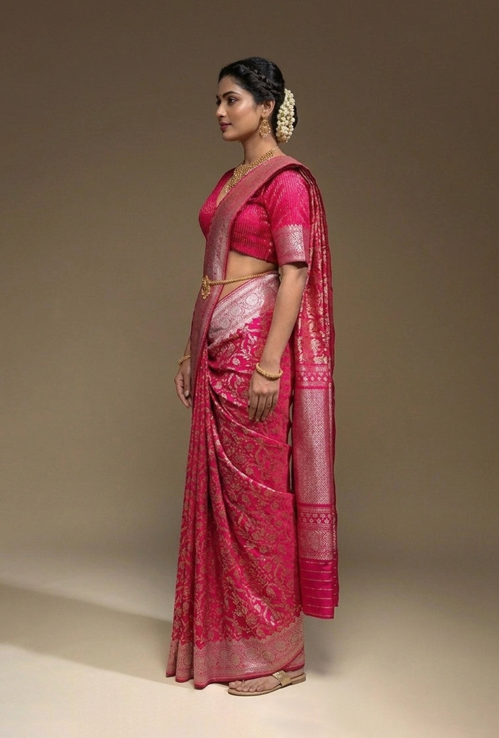 Hot Pink Mashru Silk Saree With Unstitched Blouse