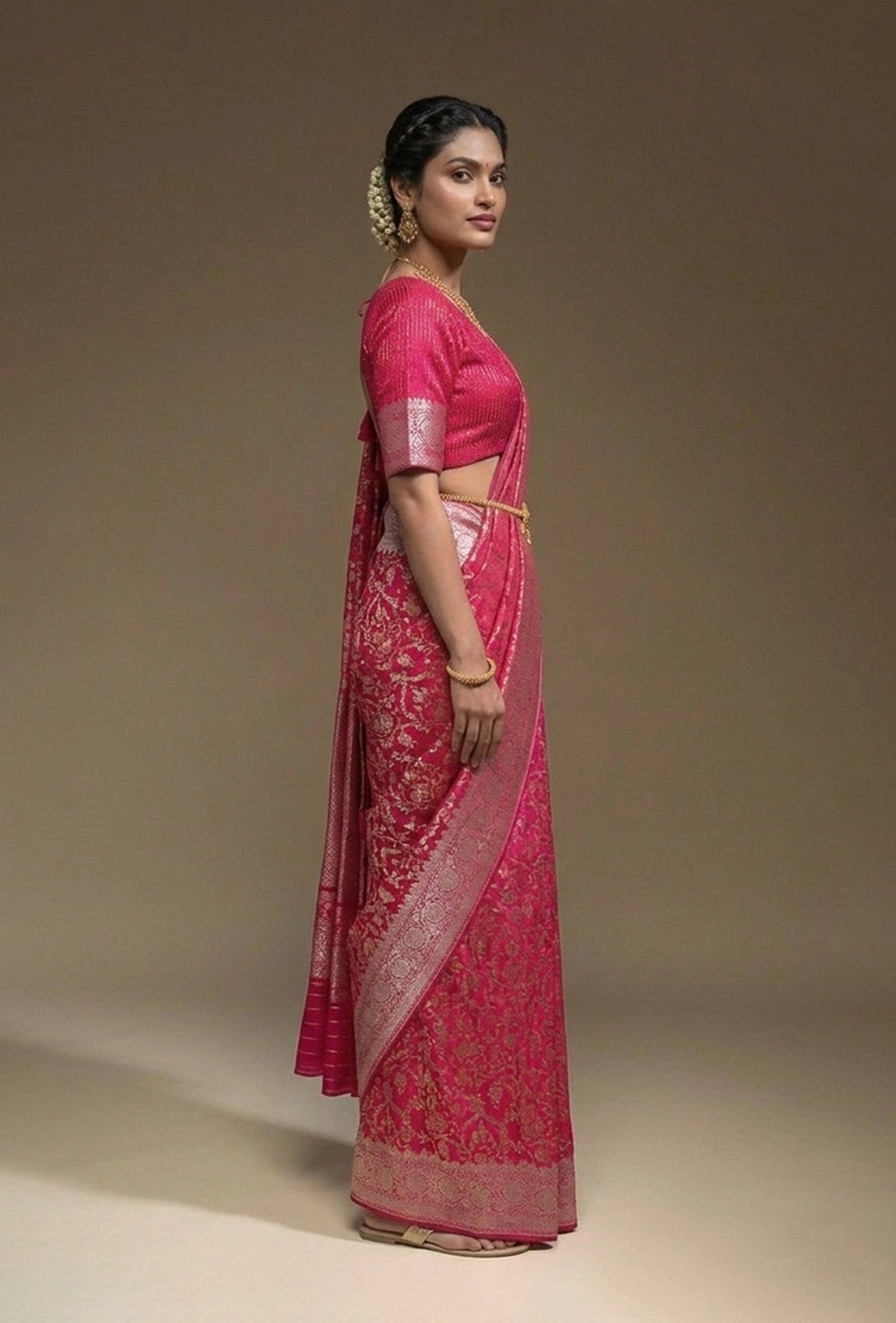 Hot Pink Mashru Silk Saree With Unstitched Blouse