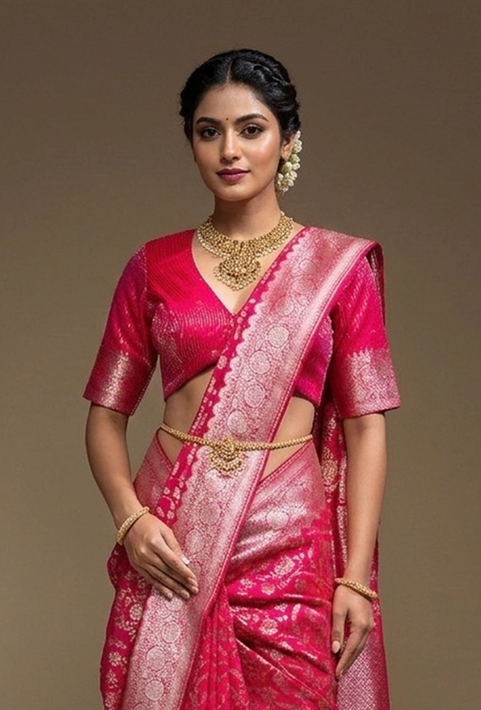 Hot Pink Mashru Silk Saree With Unstitched Blouse