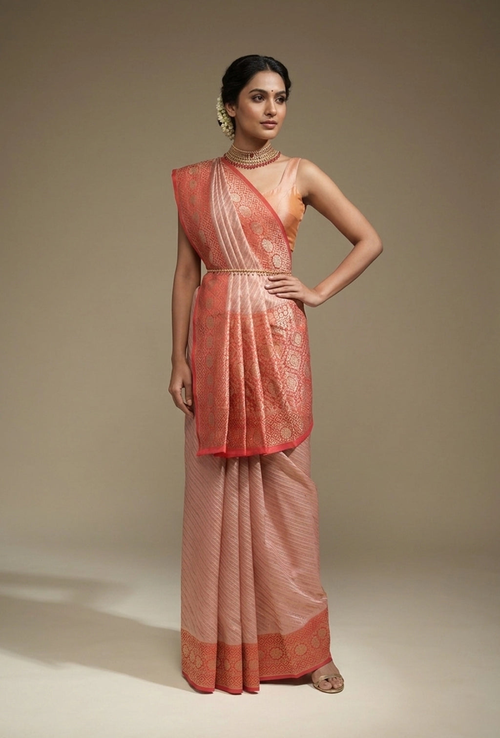 Deep Red & Light Pink Striped Silk Saree With Unstitched Blouse