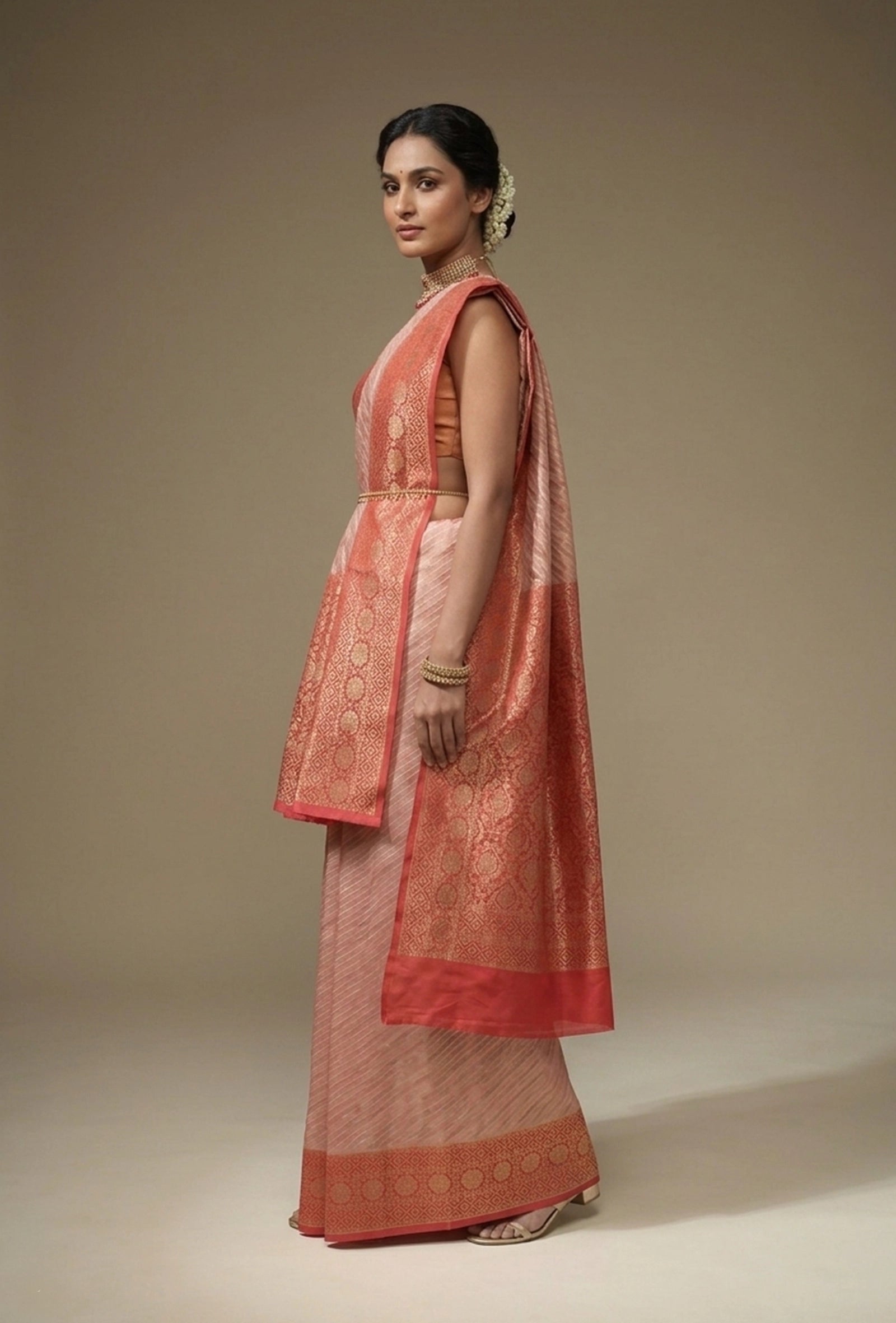 Deep Red & Light Pink Striped Silk Saree With Unstitched Blouse