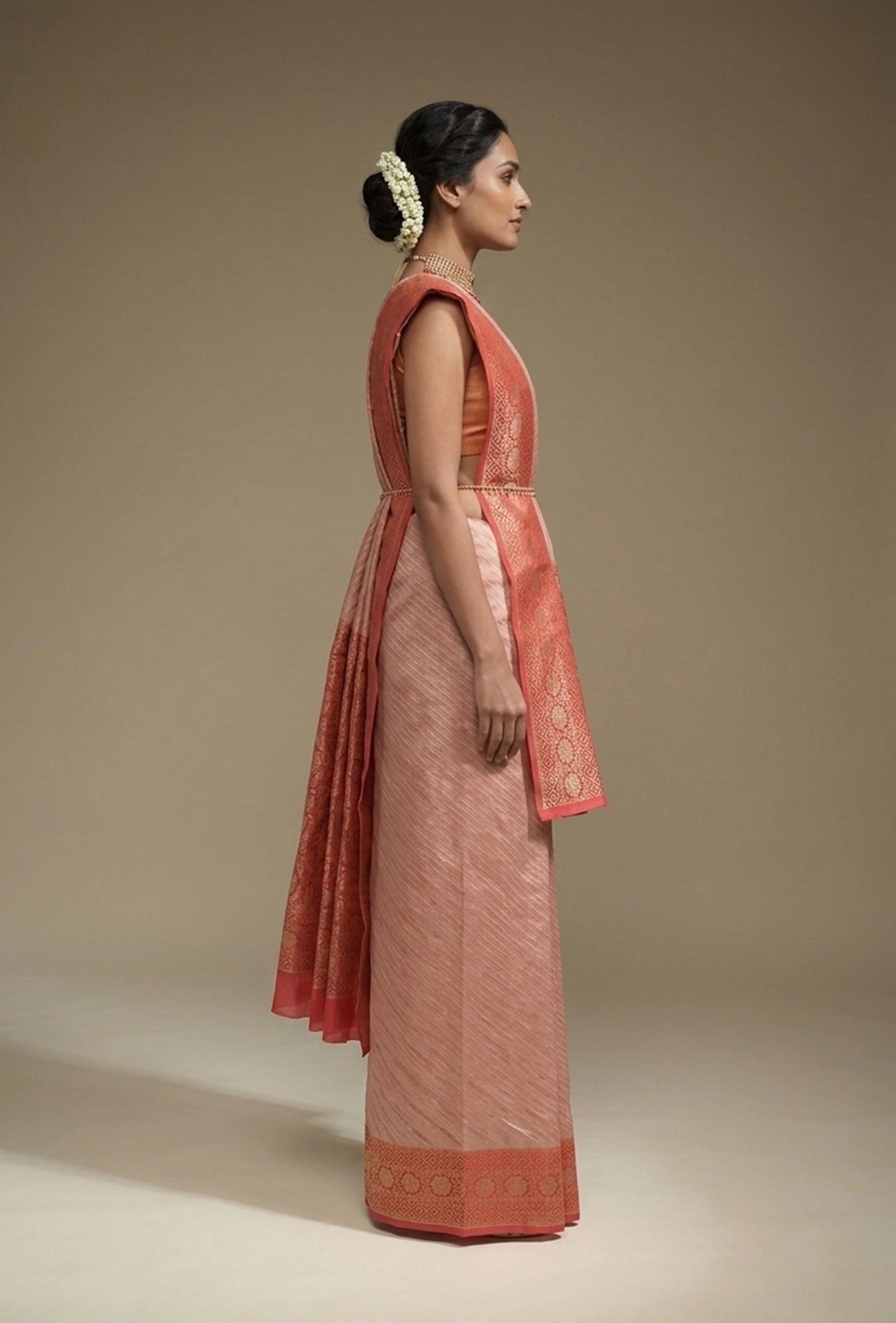 Deep Red & Light Pink Striped Silk Saree With Unstitched Blouse