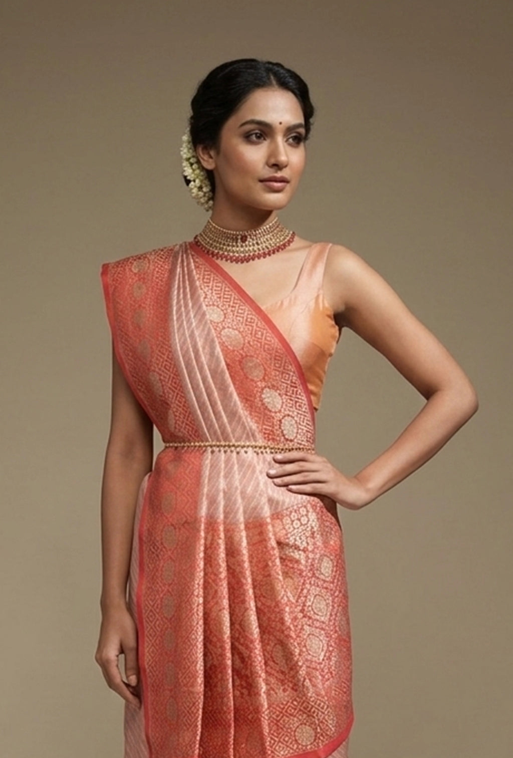 Deep Red & Light Pink Striped Silk Saree With Unstitched Blouse