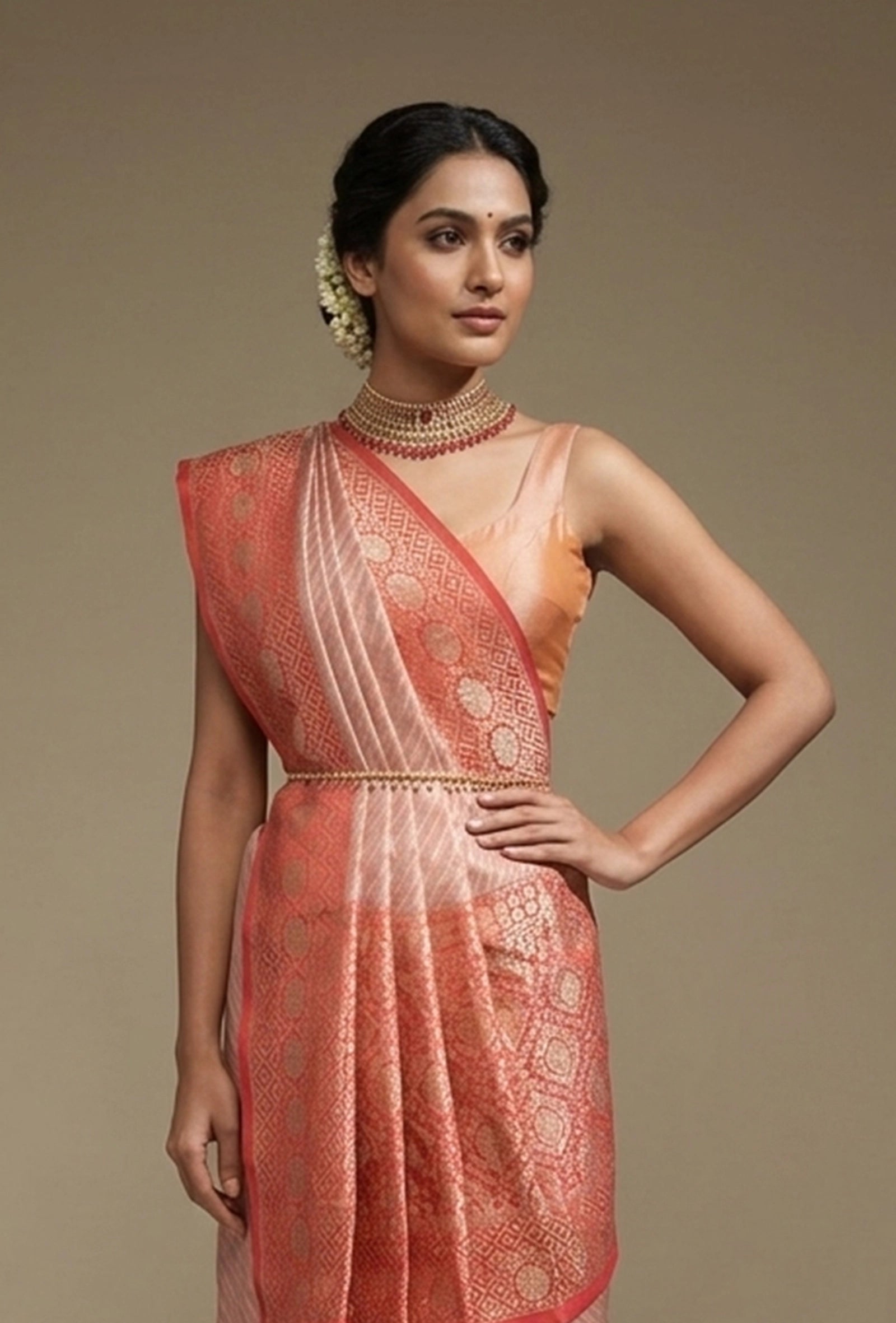 Deep Red & Light Pink Striped Silk Saree With Unstitched Blouse