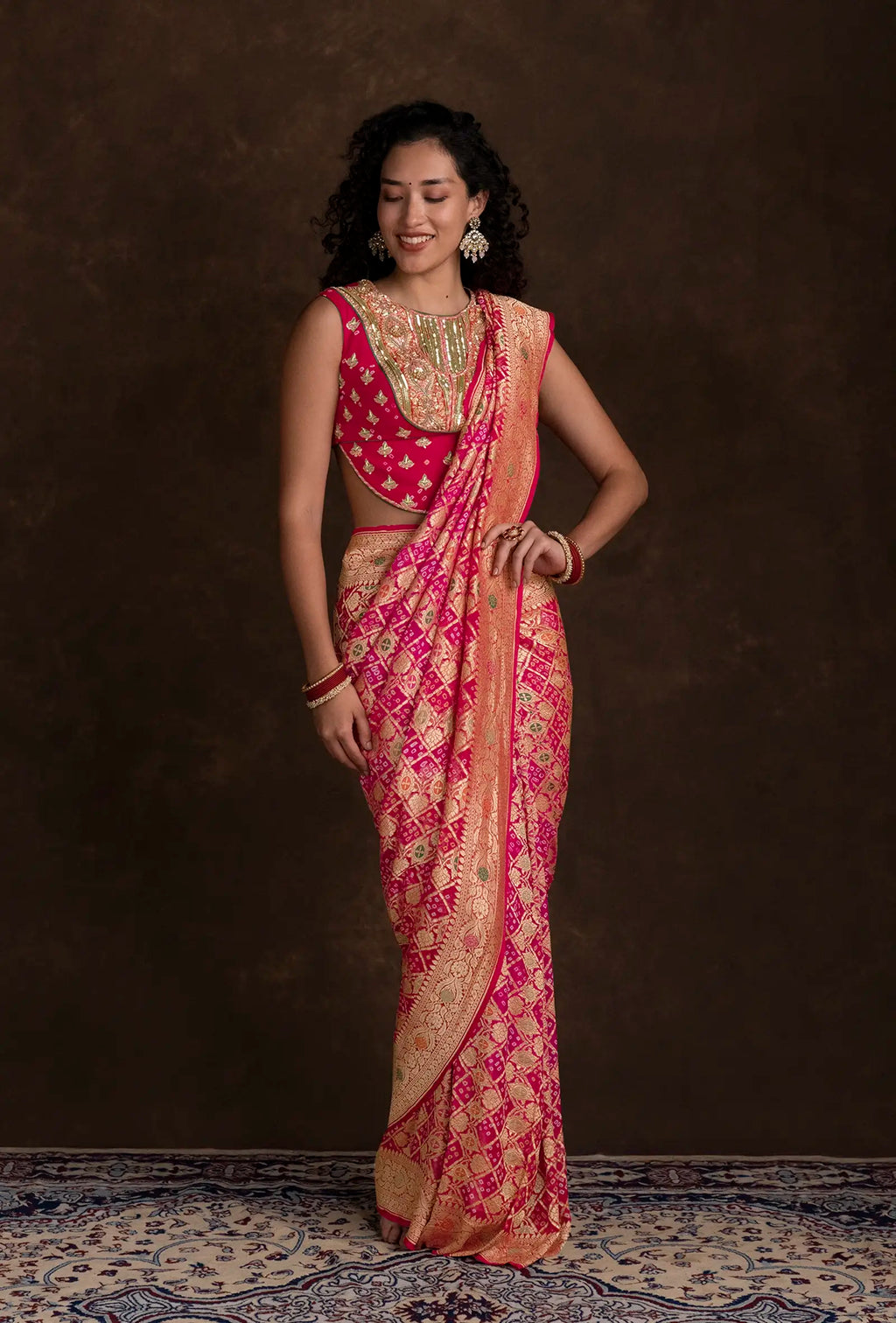 Bandhani Saree In Rani Pink With Tilfi & Gyasar Work