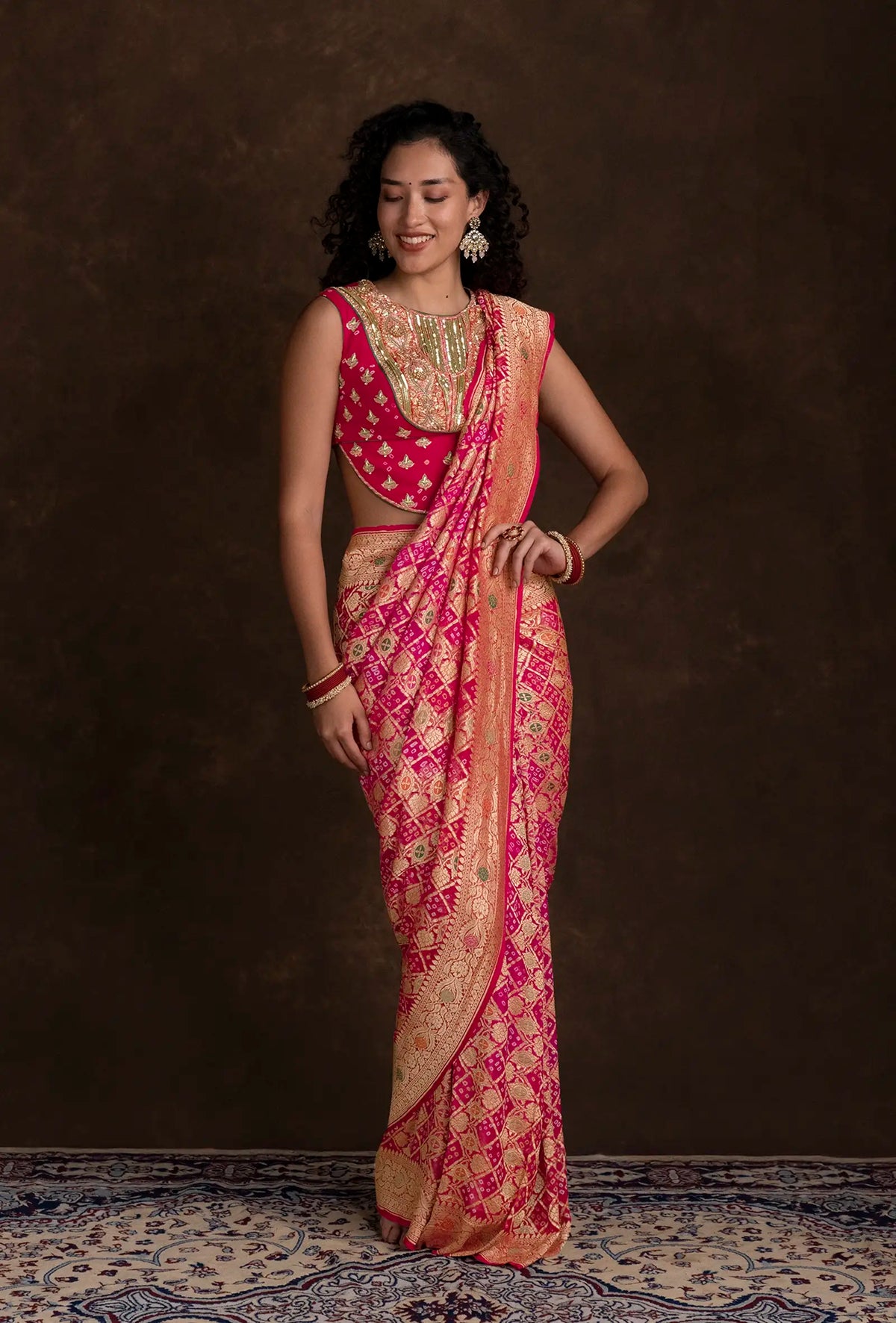 Bandhani Saree In Rani Pink With Tilfi & Gyasar Work