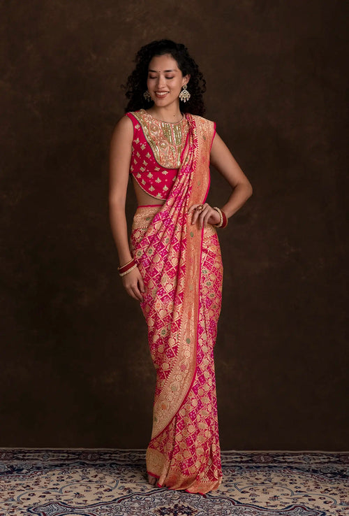Bandhani Saree In Rani Pink With Tilfi & Gyasar Work