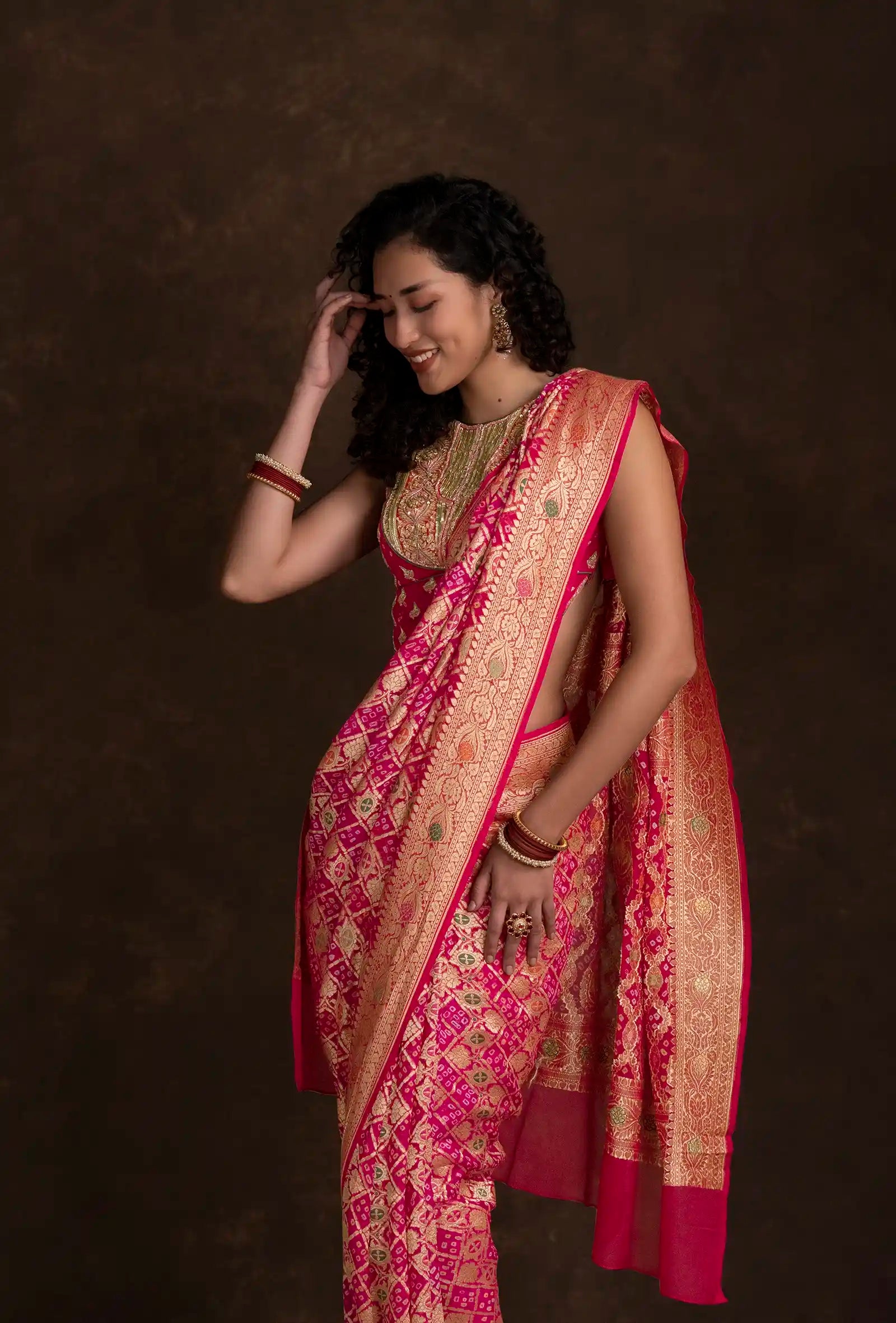 Bandhani Saree In Rani Pink With Tilfi & Gyasar Work