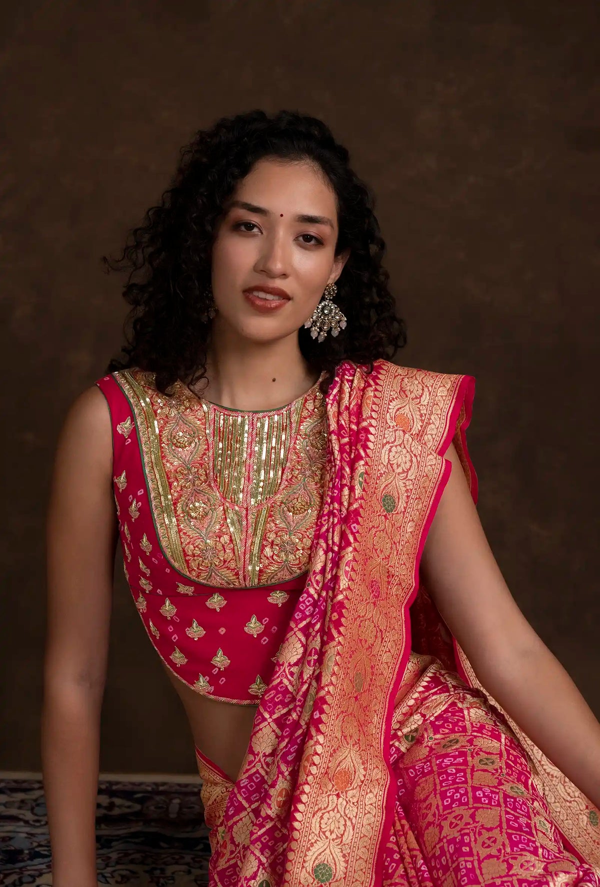 Bandhani Saree In Rani Pink With Tilfi & Gyasar Work