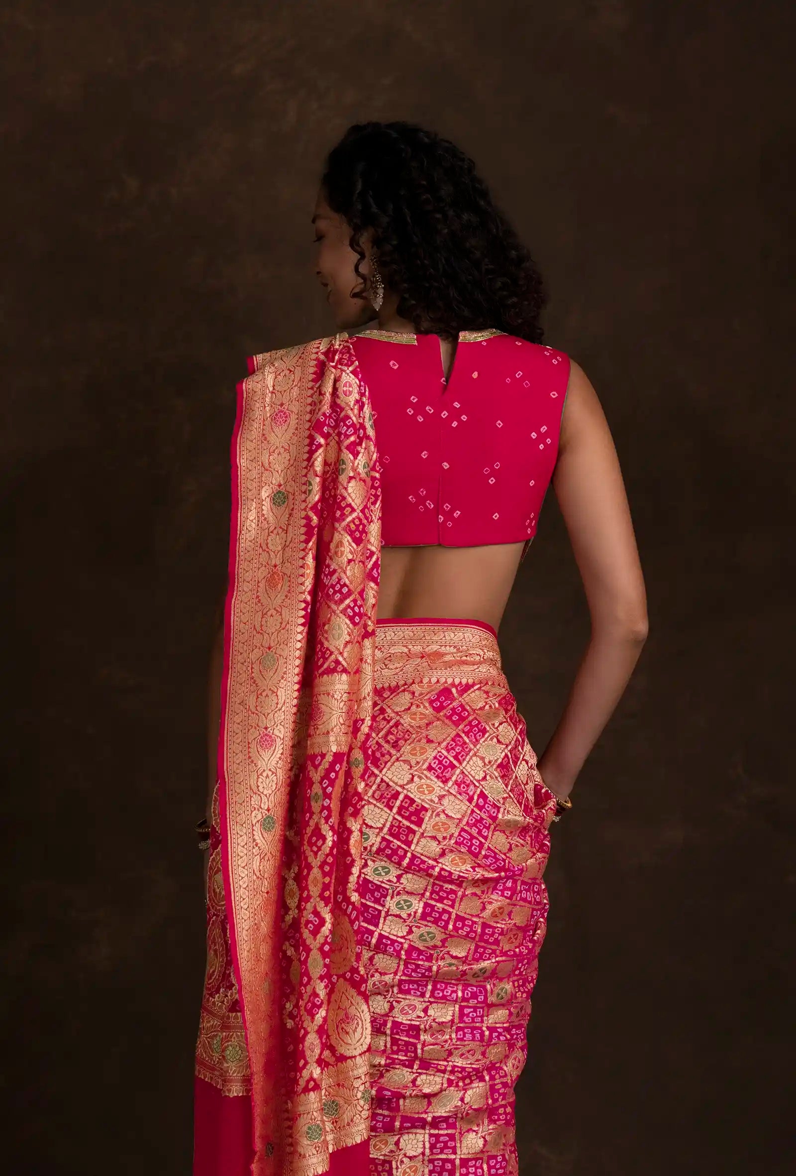 Bandhani Saree In Rani Pink With Tilfi & Gyasar Work