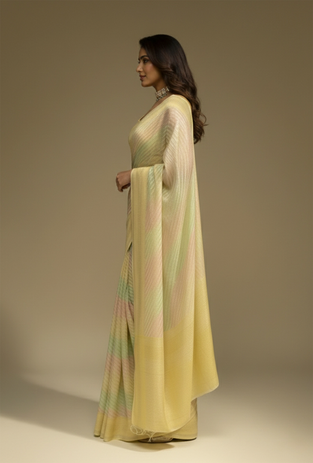 Lehriya Saree In Khadi Chiffon With Yellow And Pastel Stripes
