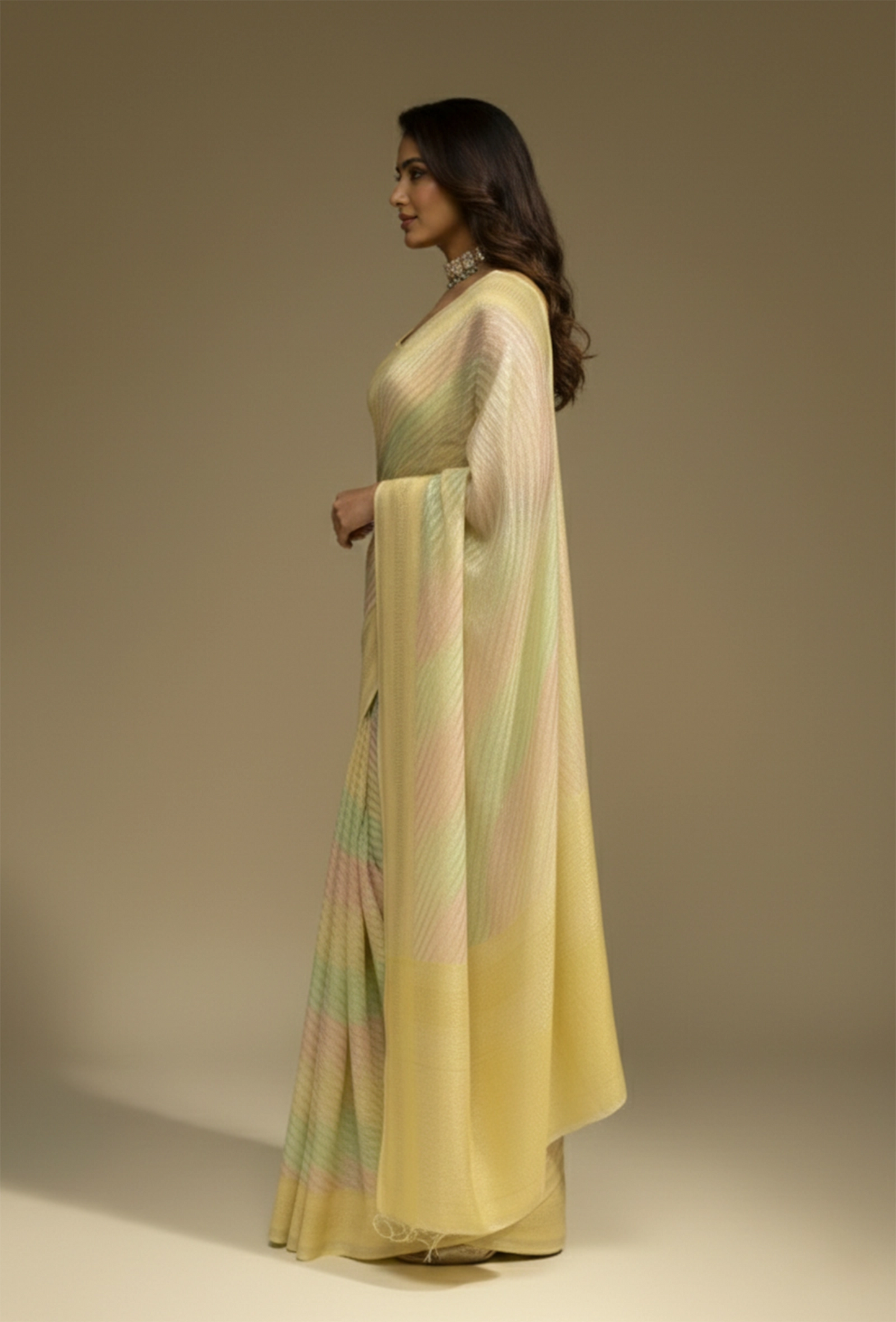 Lehriya Saree In Khadi Chiffon With Yellow And Pastel Stripes