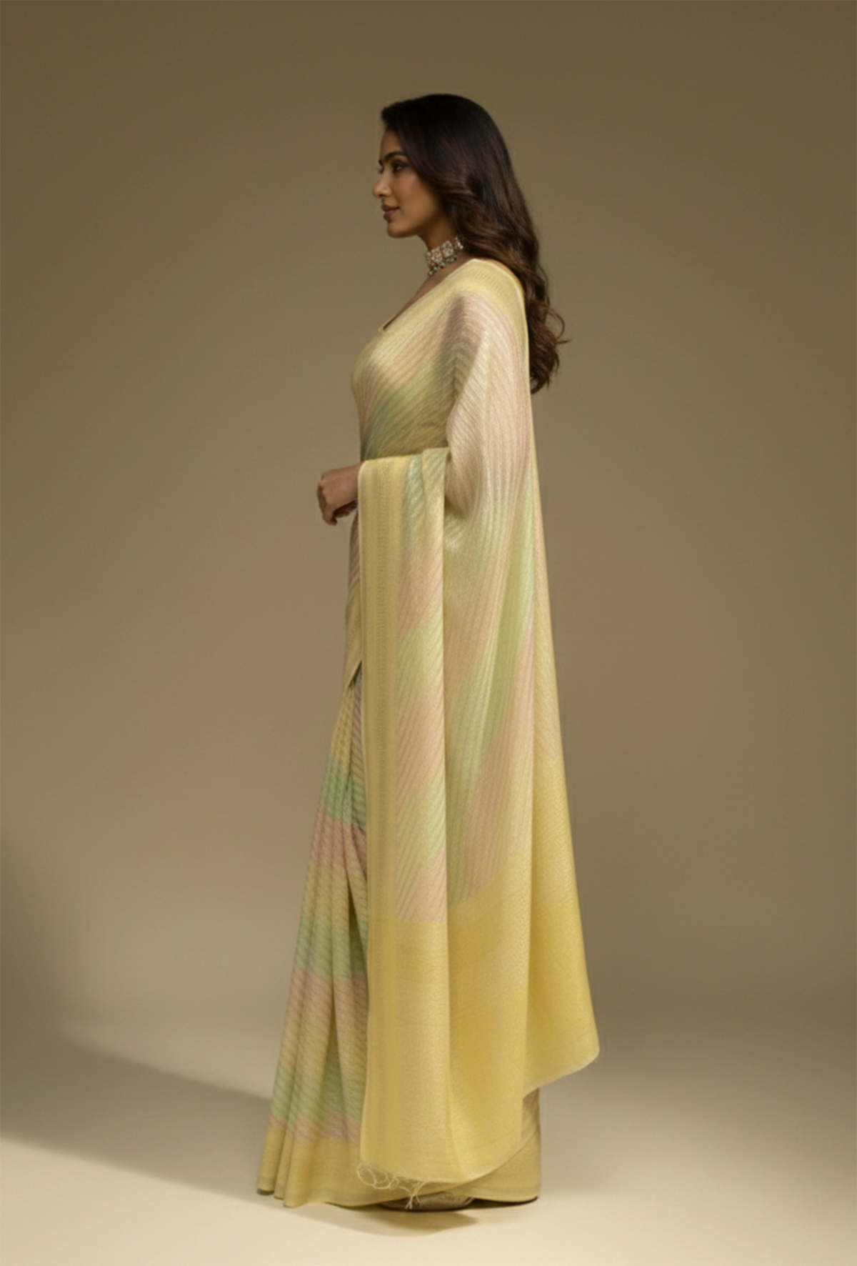 Lehriya Saree In Khadi Chiffon With Yellow And Pastel Stripes