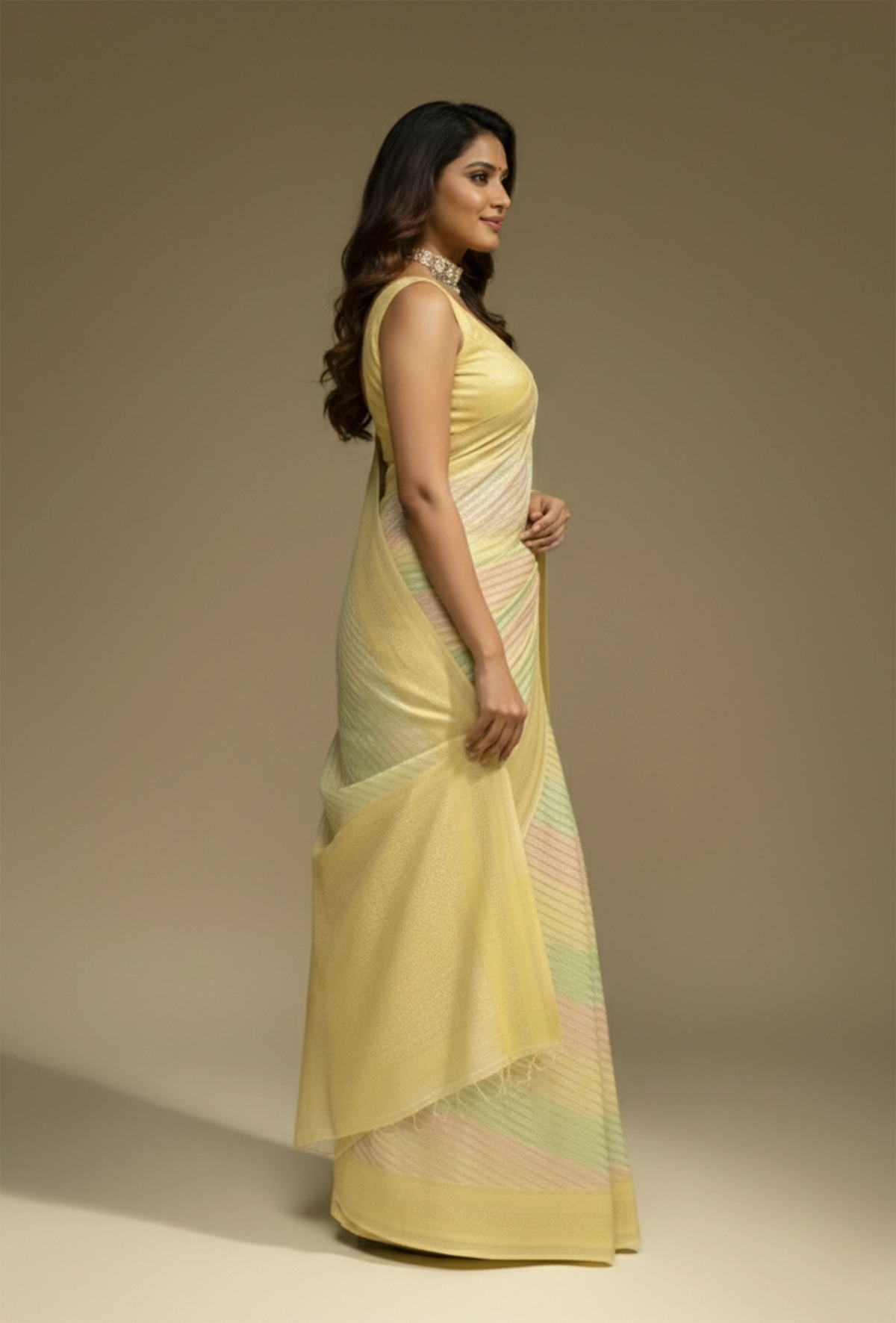 Lehriya Saree In Khadi Chiffon With Yellow And Pastel Stripes