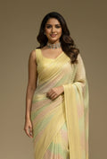 Lehriya Saree In Khadi Chiffon With Yellow And Pastel Stripes