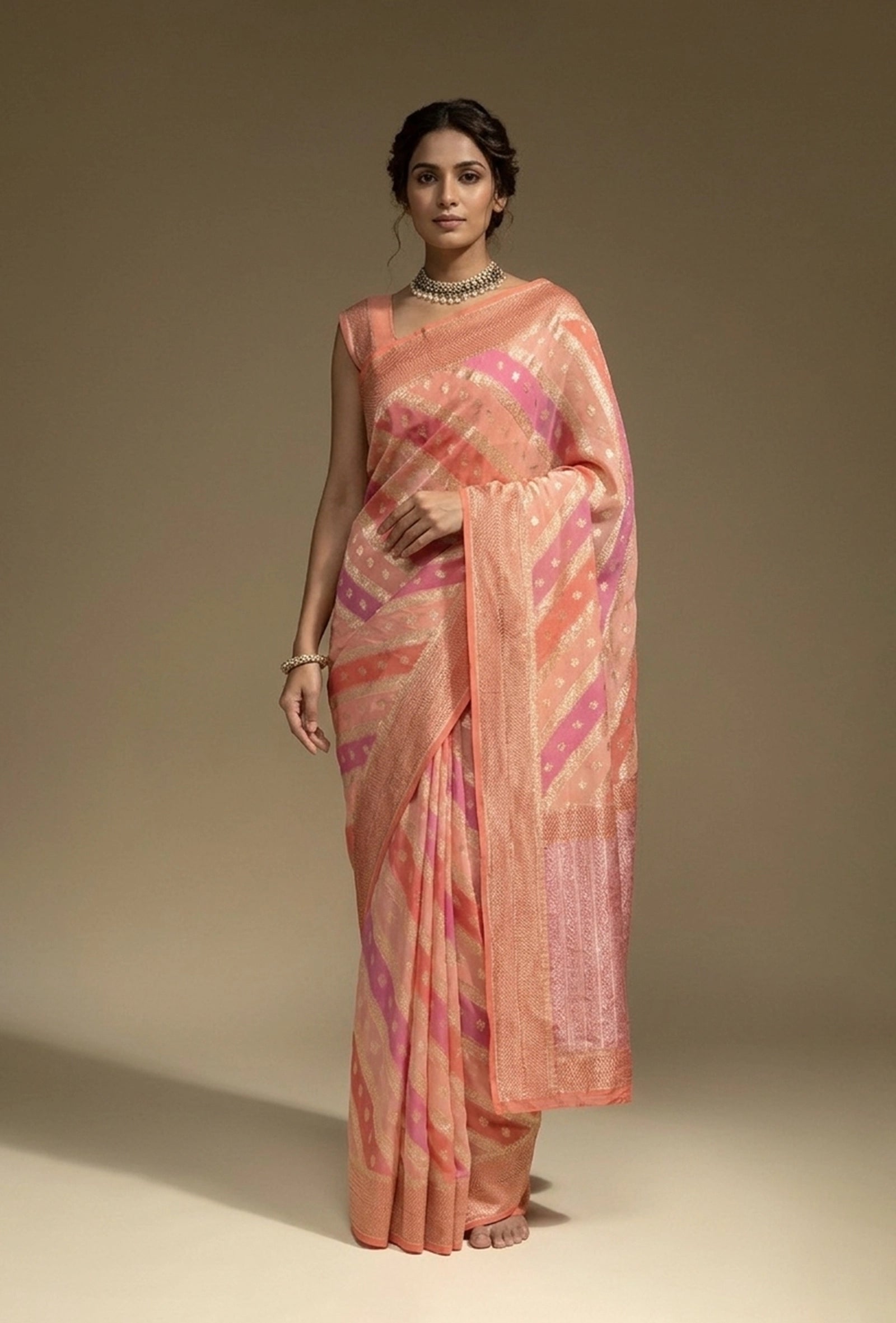 Lehriya Saree In Khadi Chiffon In Soft Paste Pink