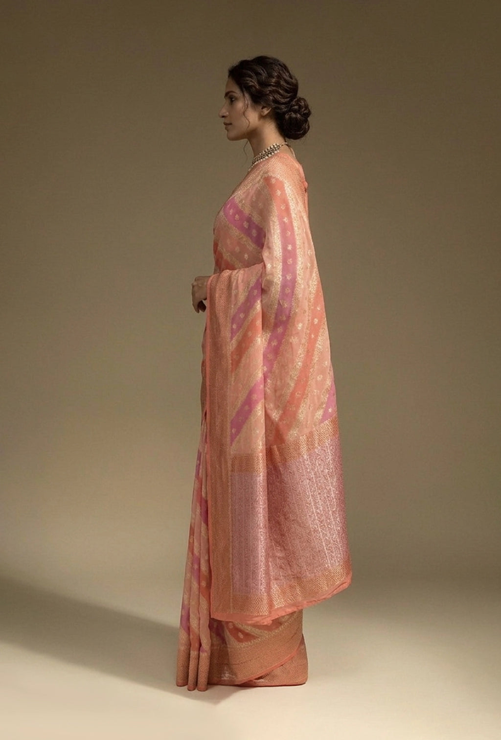 Lehriya Saree In Khadi Chiffon In Soft Paste Pink
