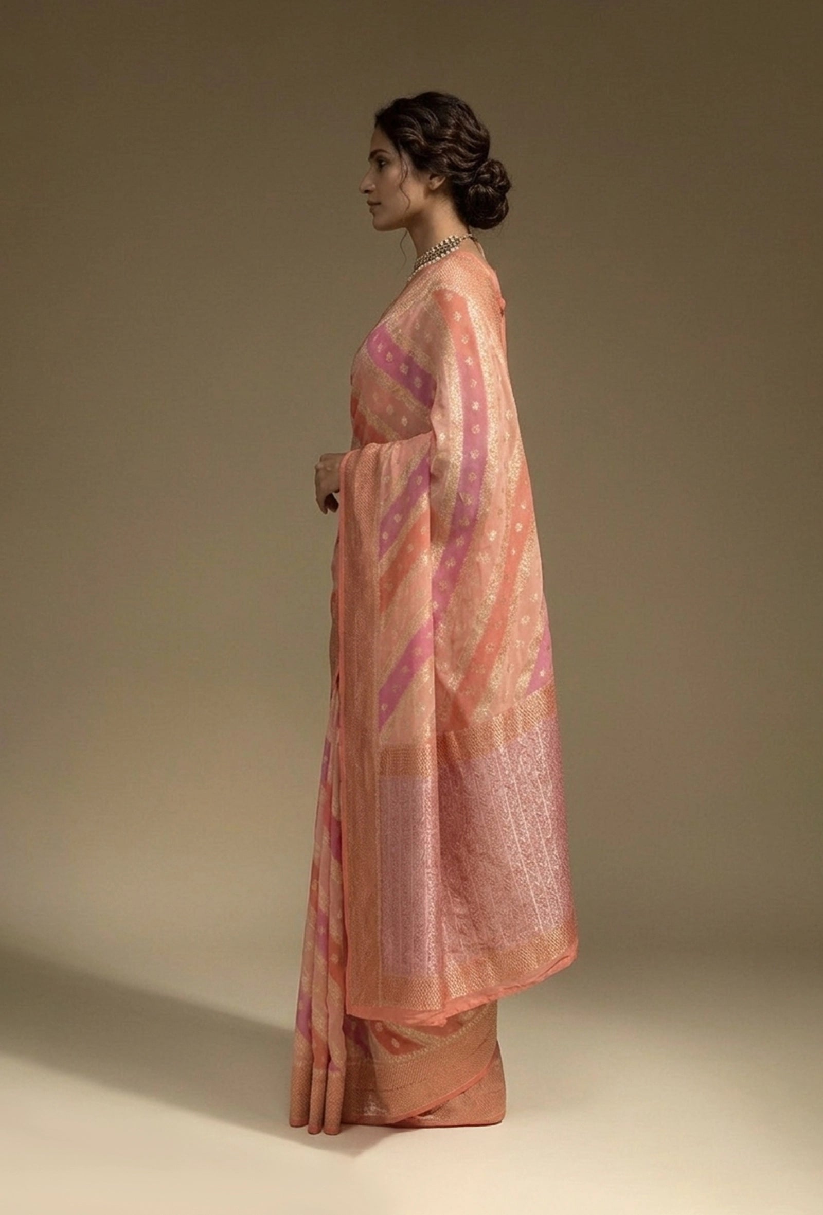 Lehriya Saree In Khadi Chiffon In Soft Paste Pink