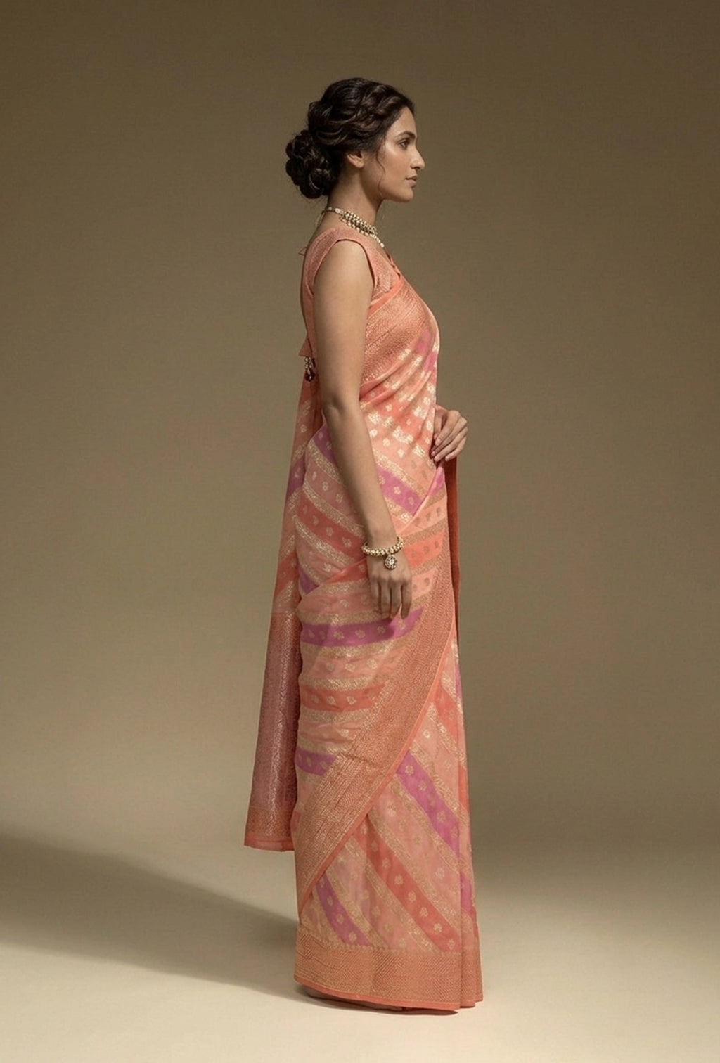 Lehriya Saree In Khadi Chiffon In Soft Paste Pink