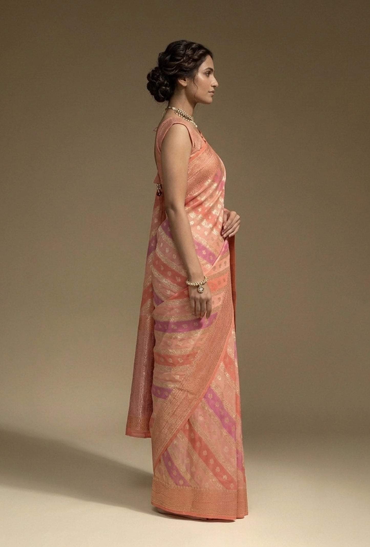 Lehriya Saree In Khadi Chiffon In Soft Paste Pink