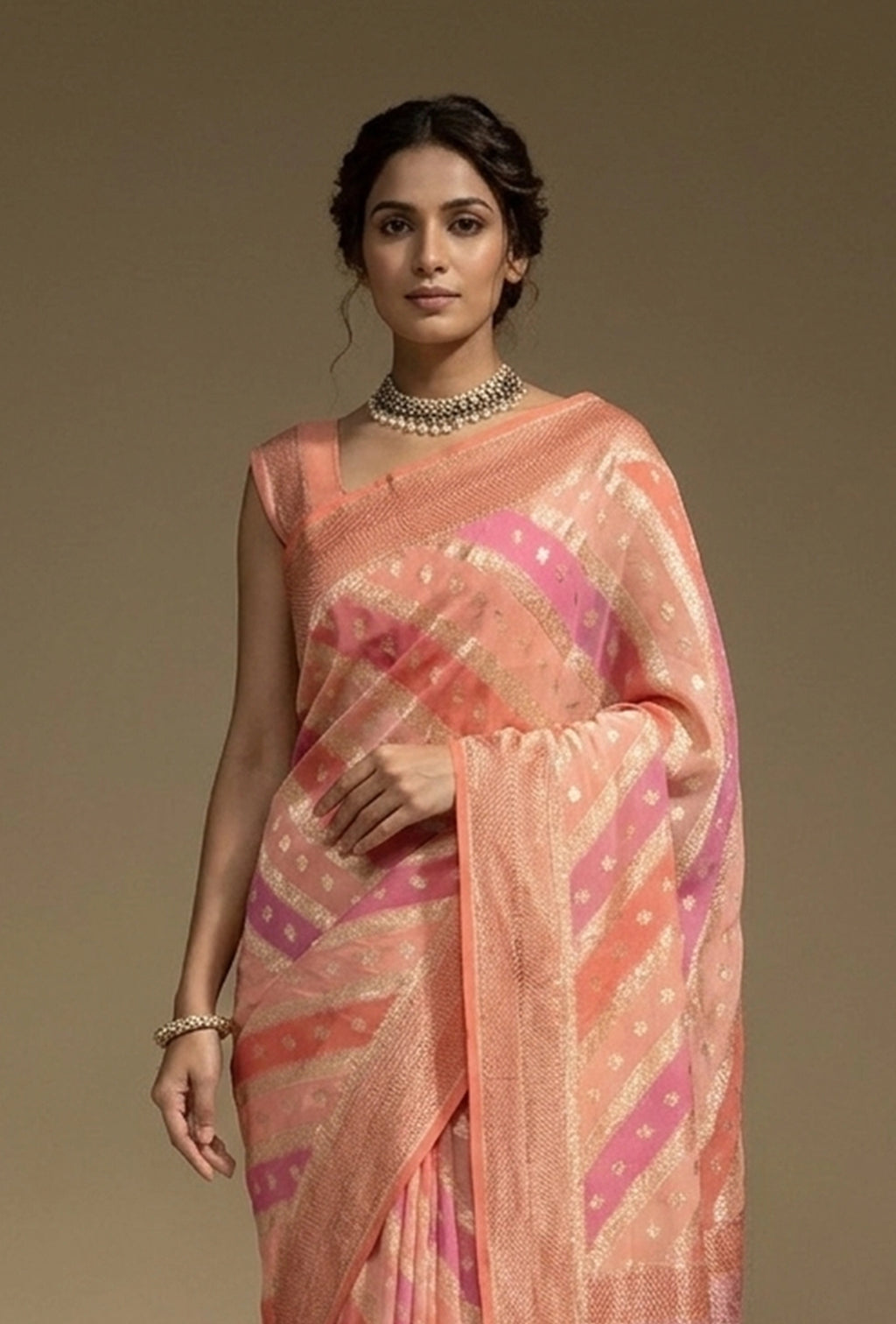 Lehriya Saree In Khadi Chiffon In Soft Paste Pink