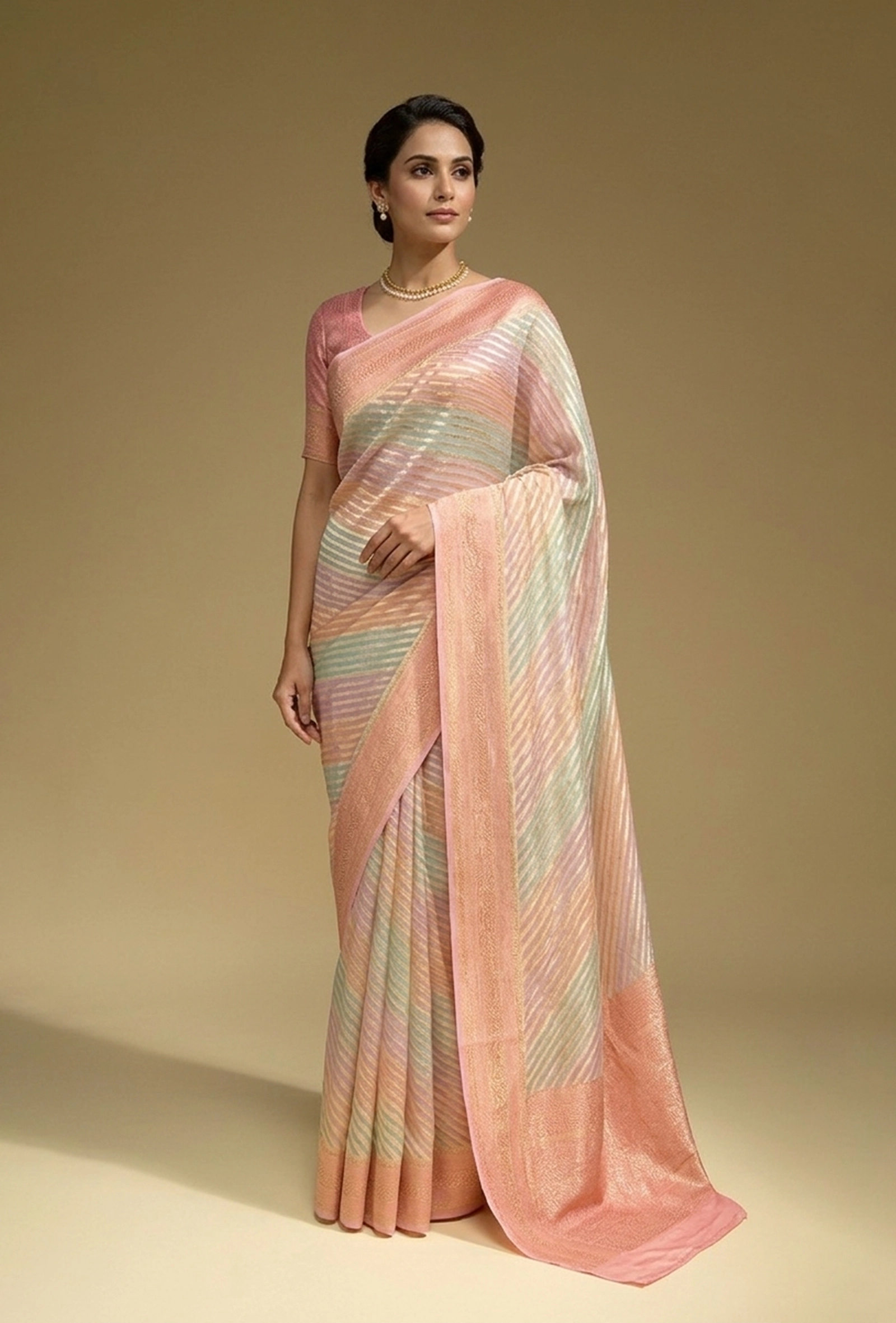 Lehriya Saree In Khadi Chiffon In Light Pink With Pastel Stripes