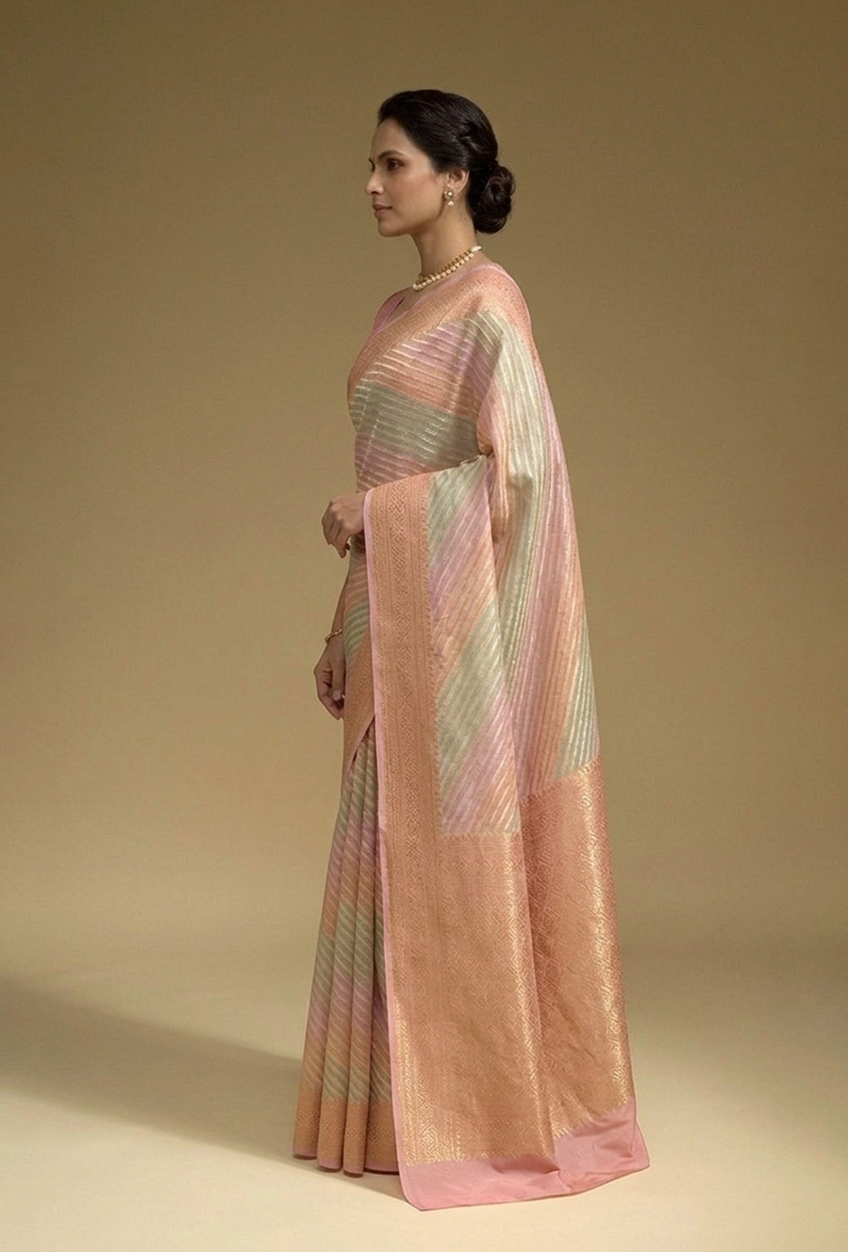 Lehriya Saree In Khadi Chiffon In Light Pink With Pastel Stripes