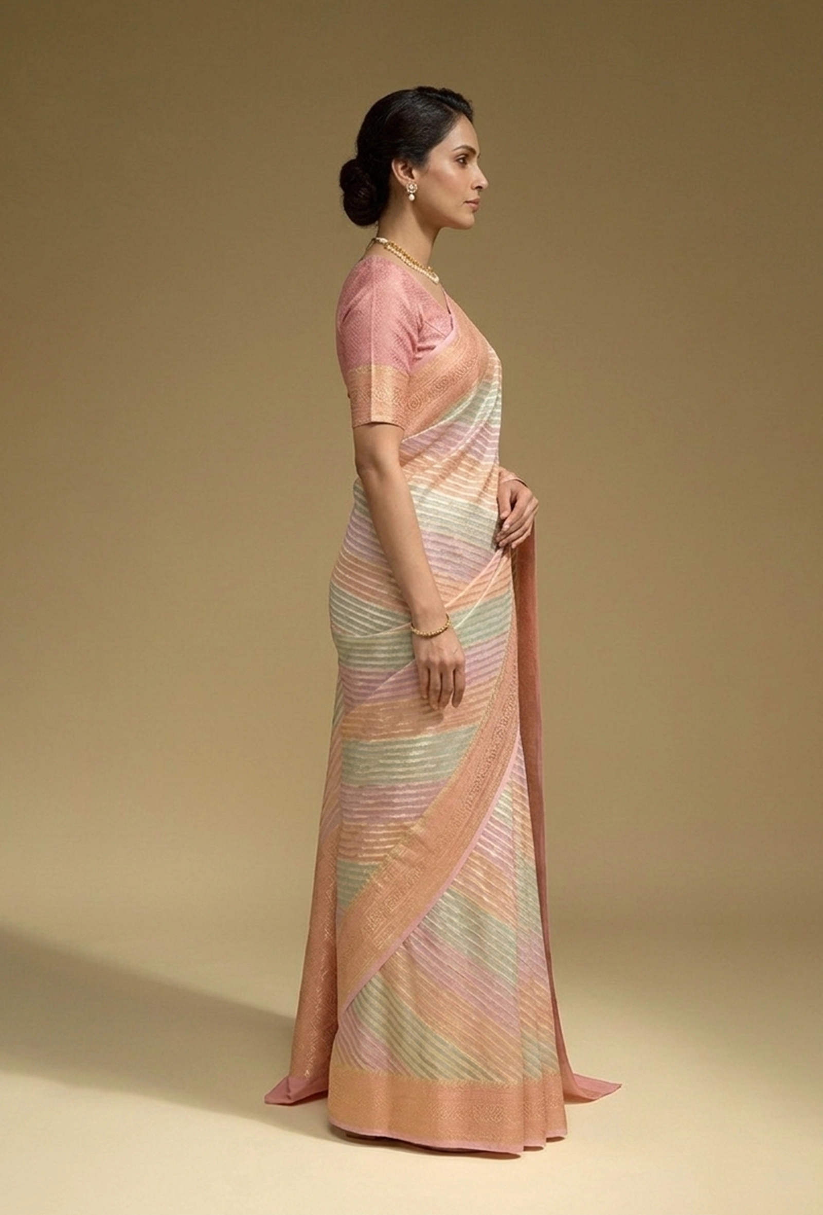 Lehriya Saree In Khadi Chiffon In Light Pink With Pastel Stripes