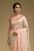 Lehriya Saree In Khadi Chiffon In Light Pink With Pastel Stripes