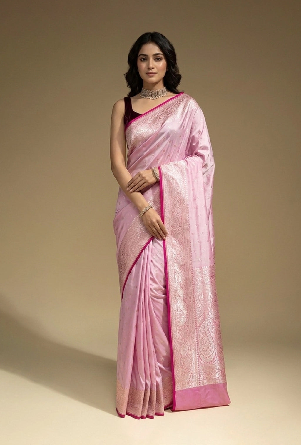 Mashru Silk Saree In Lavender Pink With Zari Buttiwork