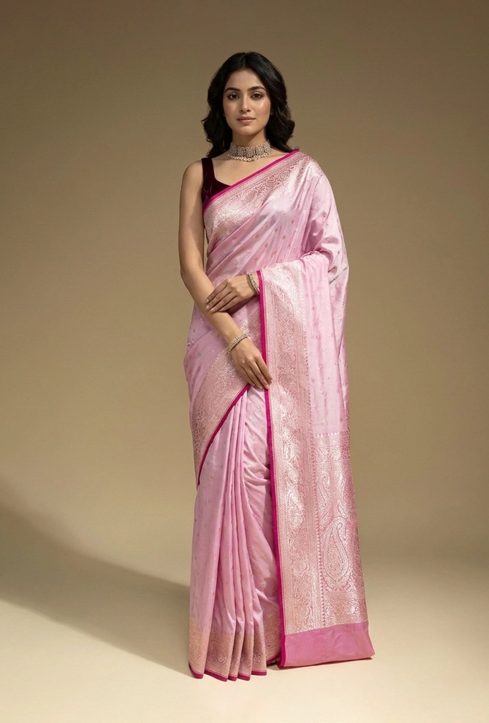 Mashru Silk Saree In Lavender Pink With Zari Buttiwork