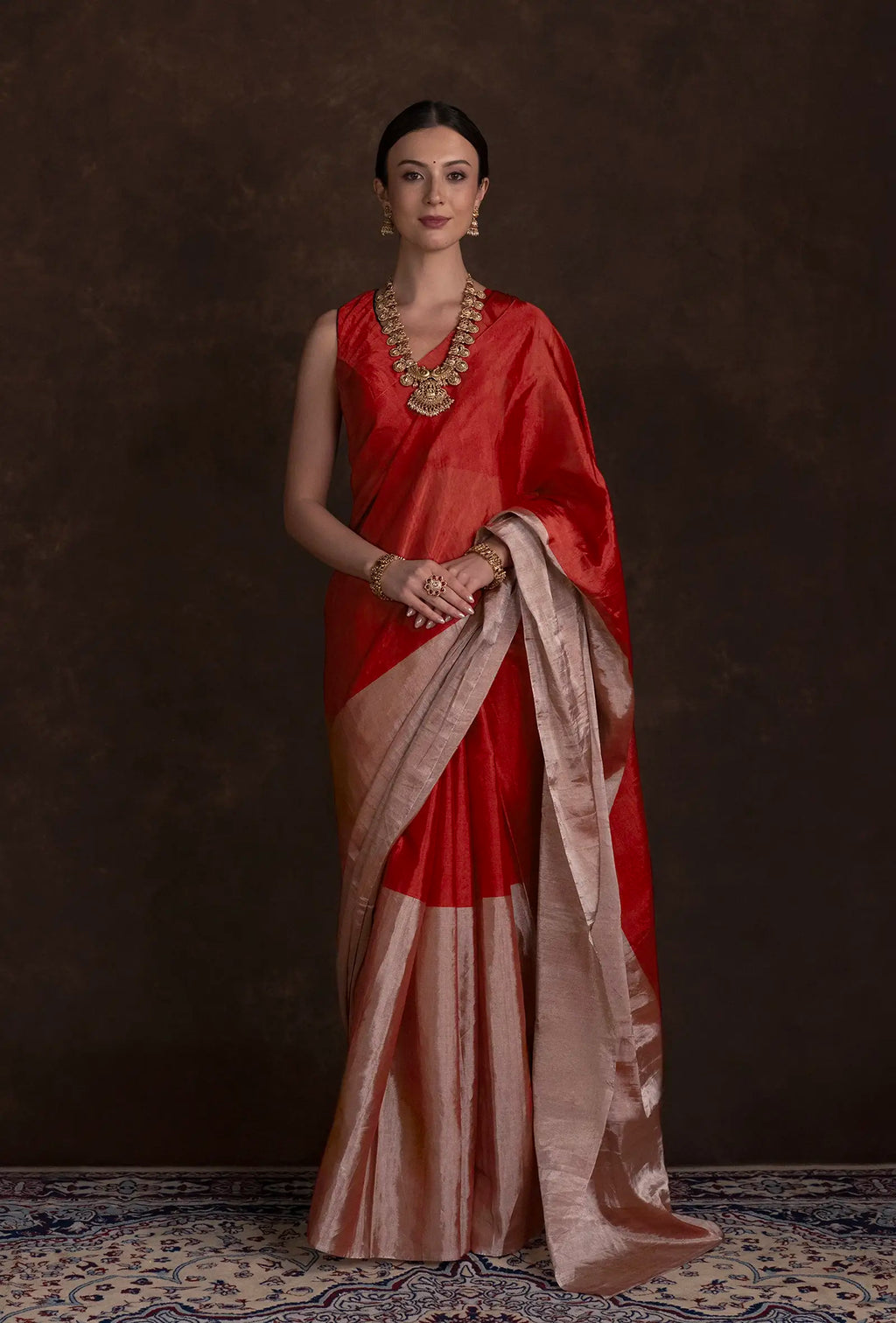 Red Chanderi Saree with Silver Zari Border & Unstitched Blouse