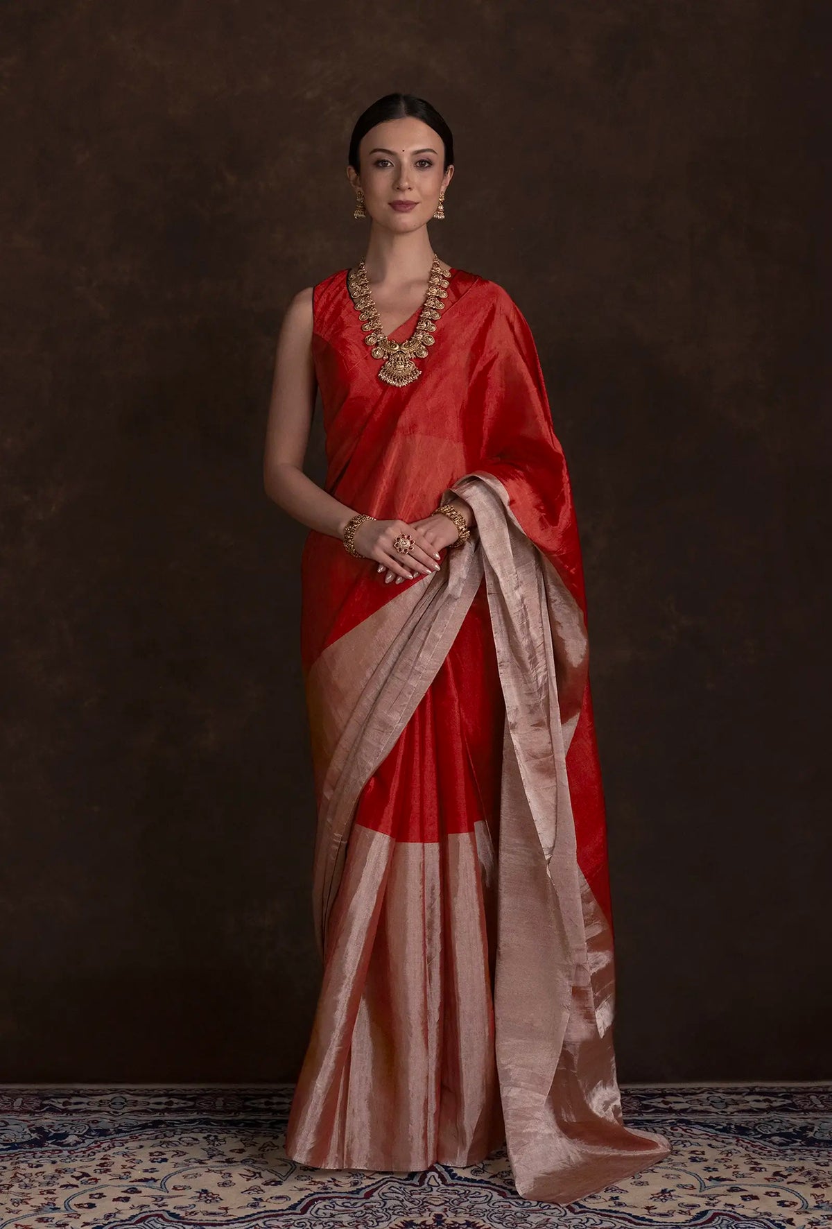 Red Chanderi Saree with Silver Zari Border & Unstitched Blouse