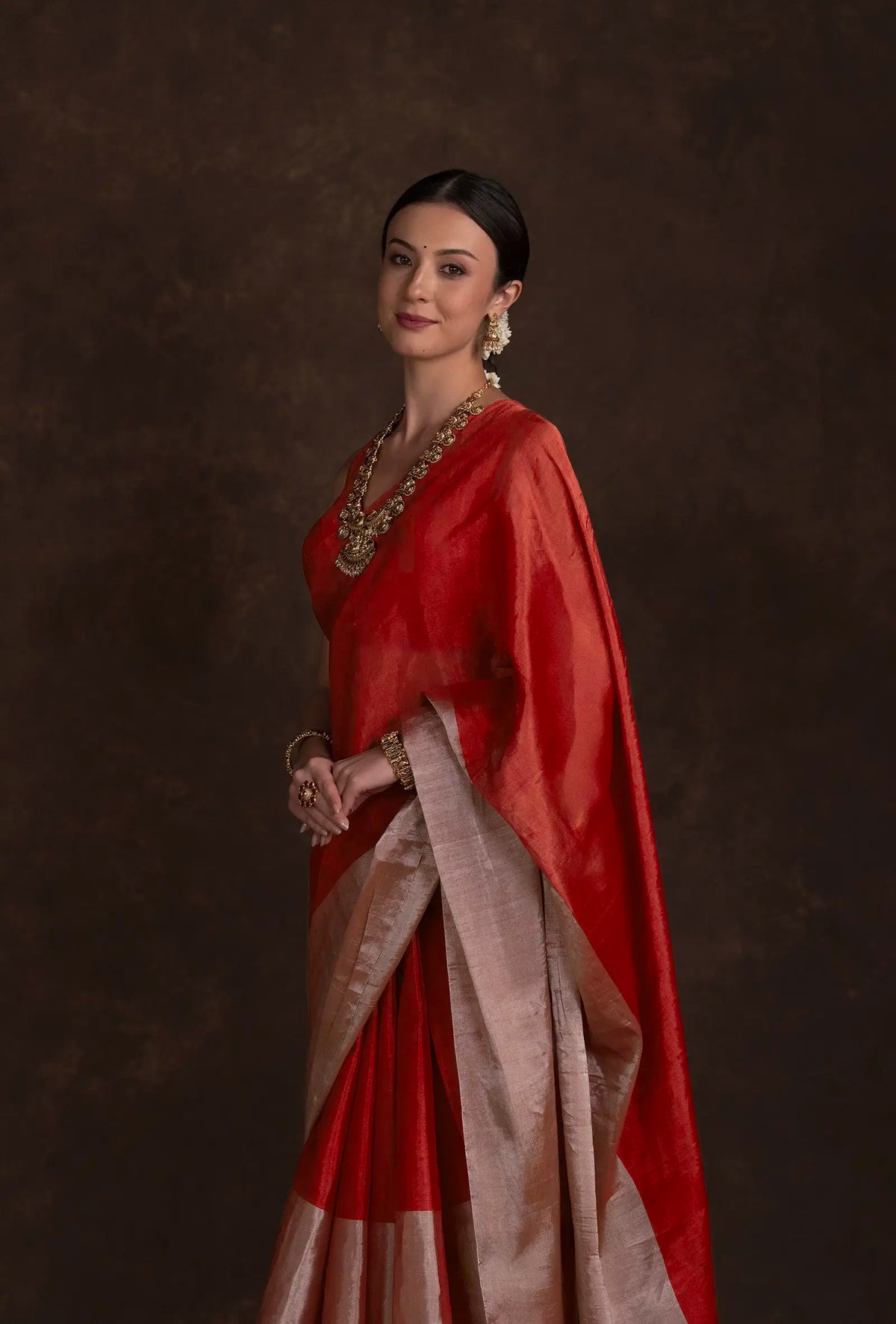 Red Chanderi Saree with Silver Zari Border & Unstitched Blouse