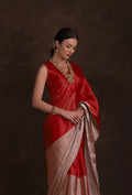 Red Chanderi Saree with Silver Zari Border & Unstitched Blouse