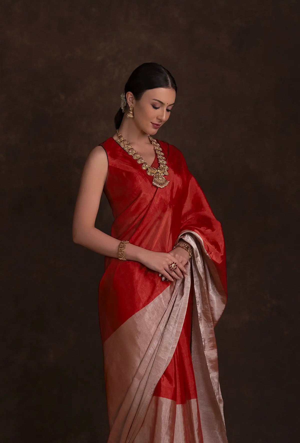 Red Chanderi Saree with Silver Zari Border & Unstitched Blouse