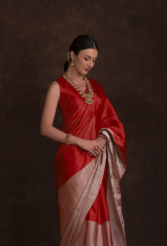 Red Chanderi Saree with Silver Zari Border & Unstitched Blouse