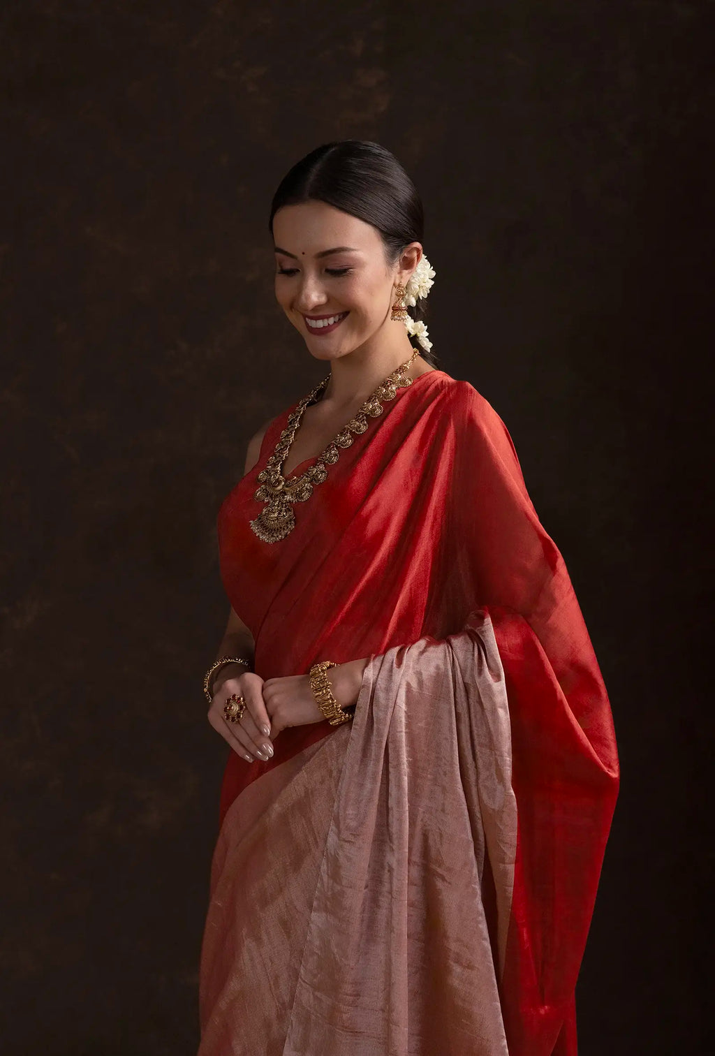 Red Chanderi Saree with Silver Zari Border & Unstitched Blouse
