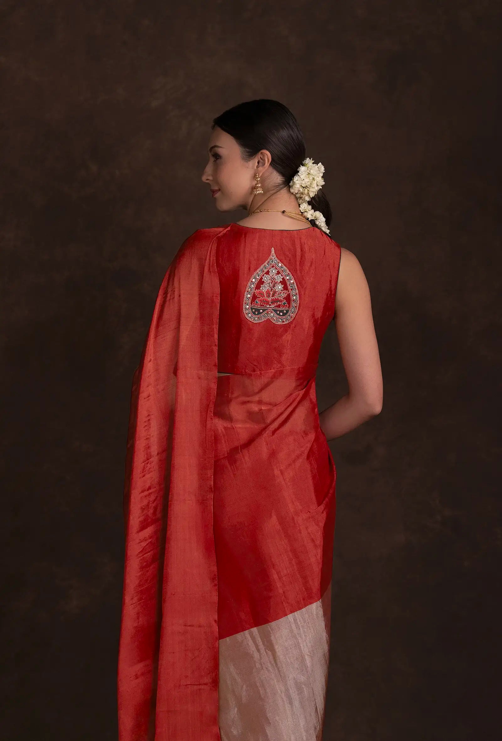 Red Chanderi Saree with Silver Zari Border & Unstitched Blouse