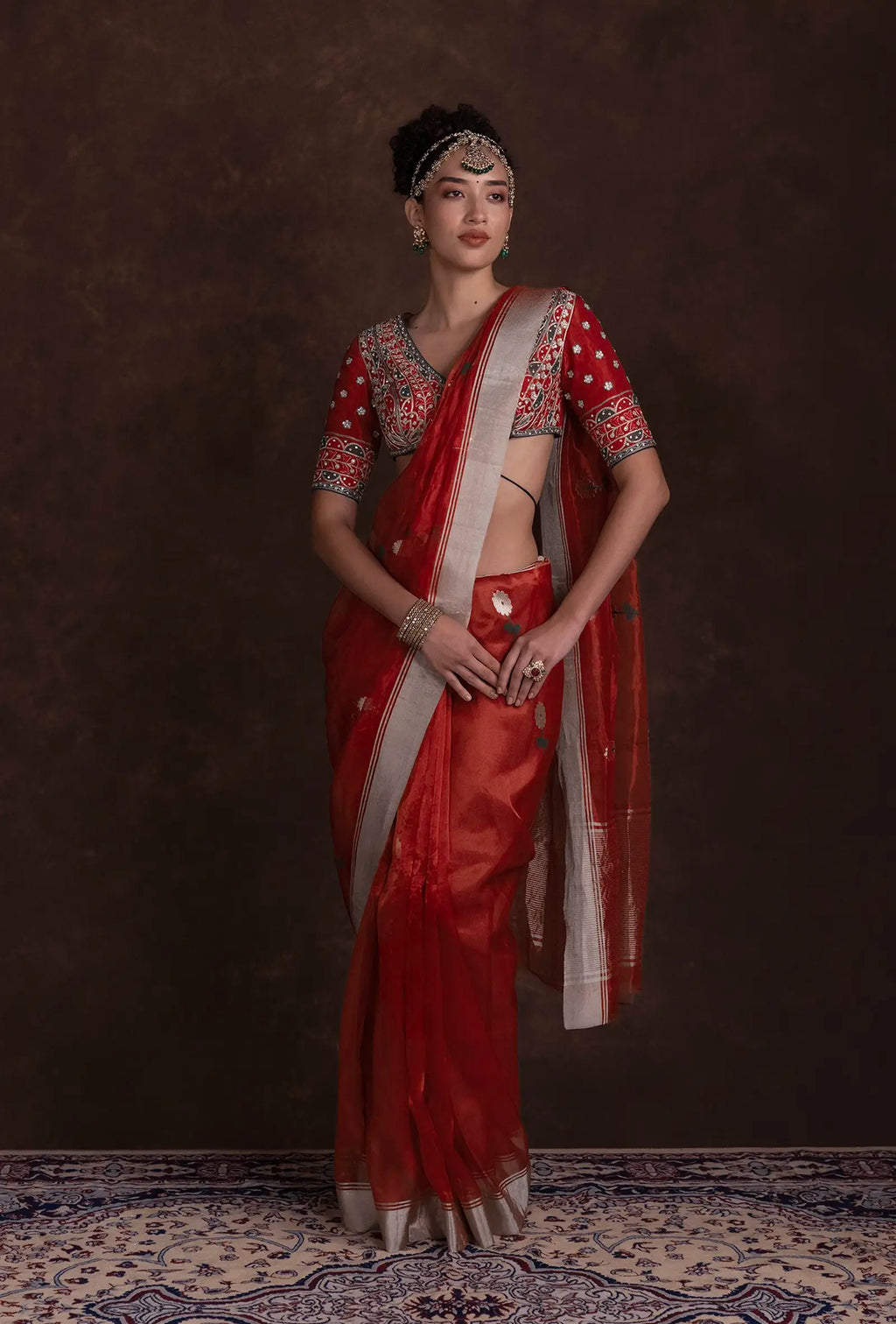 Tissue Silk Saree In Chanderi Red With Zari Buttiwork