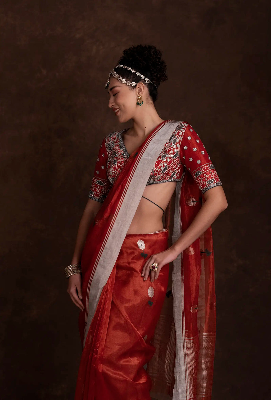 Tissue Silk Saree In Chanderi Red With Zari Buttiwork