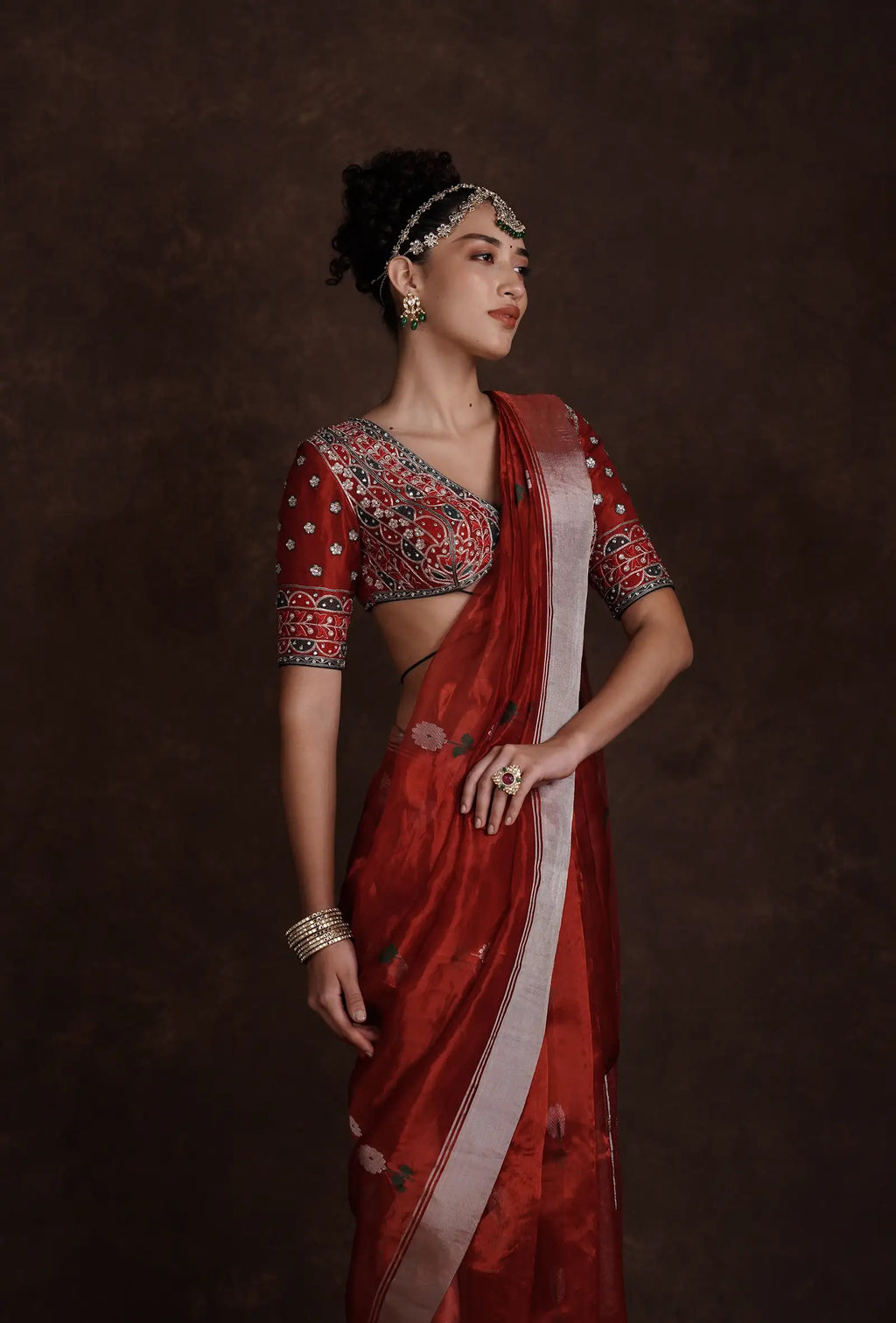 Tissue Silk Saree In Chanderi Red With Zari Buttiwork