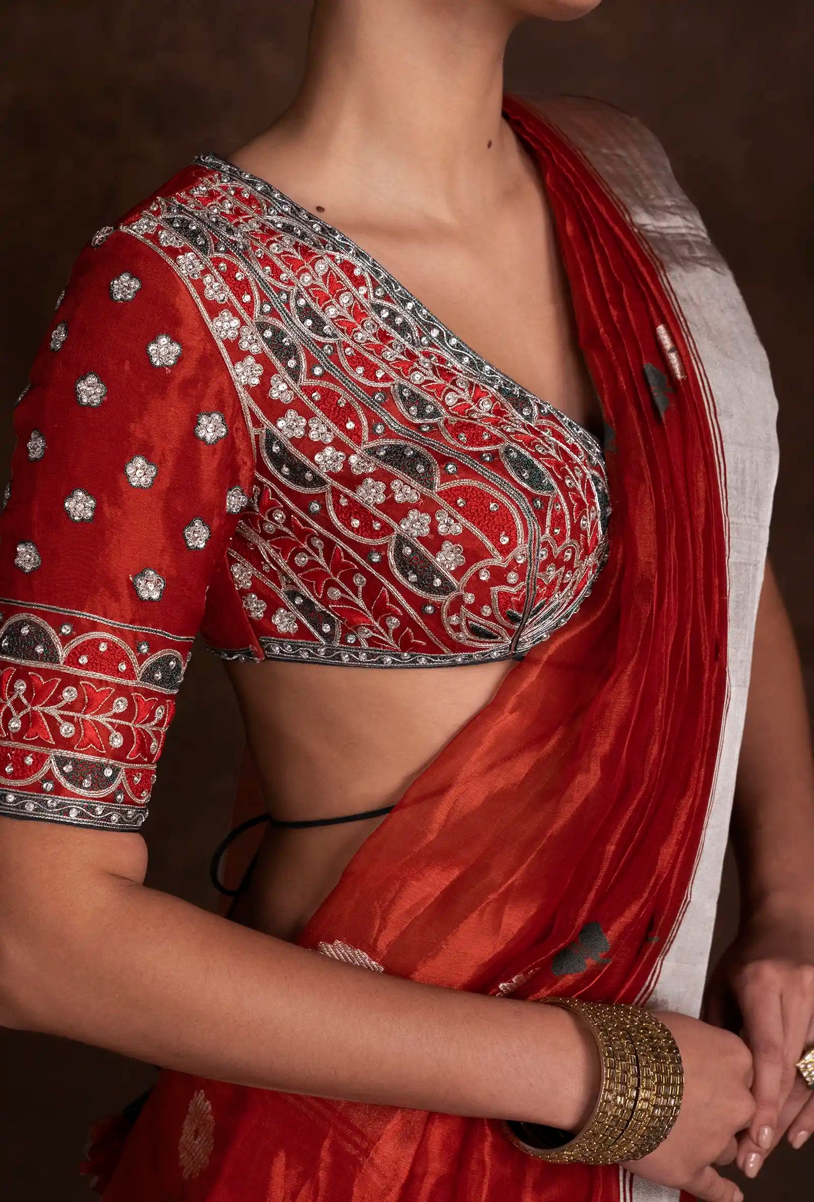Tissue Silk Saree In Chanderi Red With Zari Buttiwork