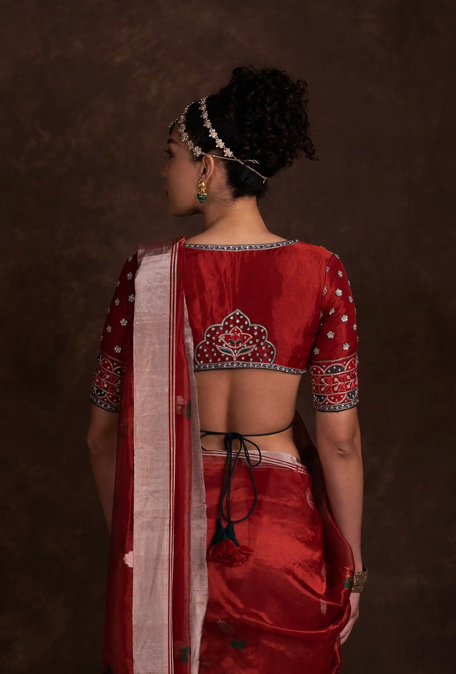 Tissue Silk Saree In Chanderi Red With Zari Buttiwork