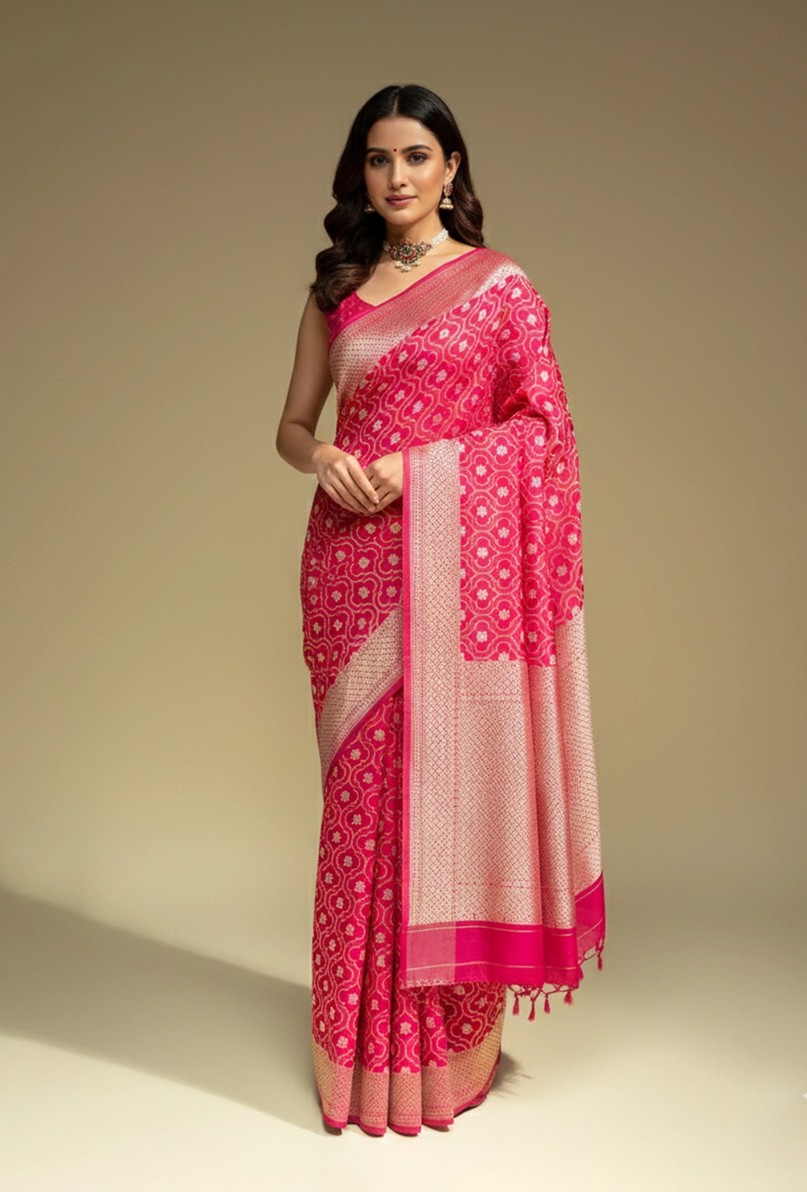 Rani Pink & Red Geometric Motif Mashru Silk Saree