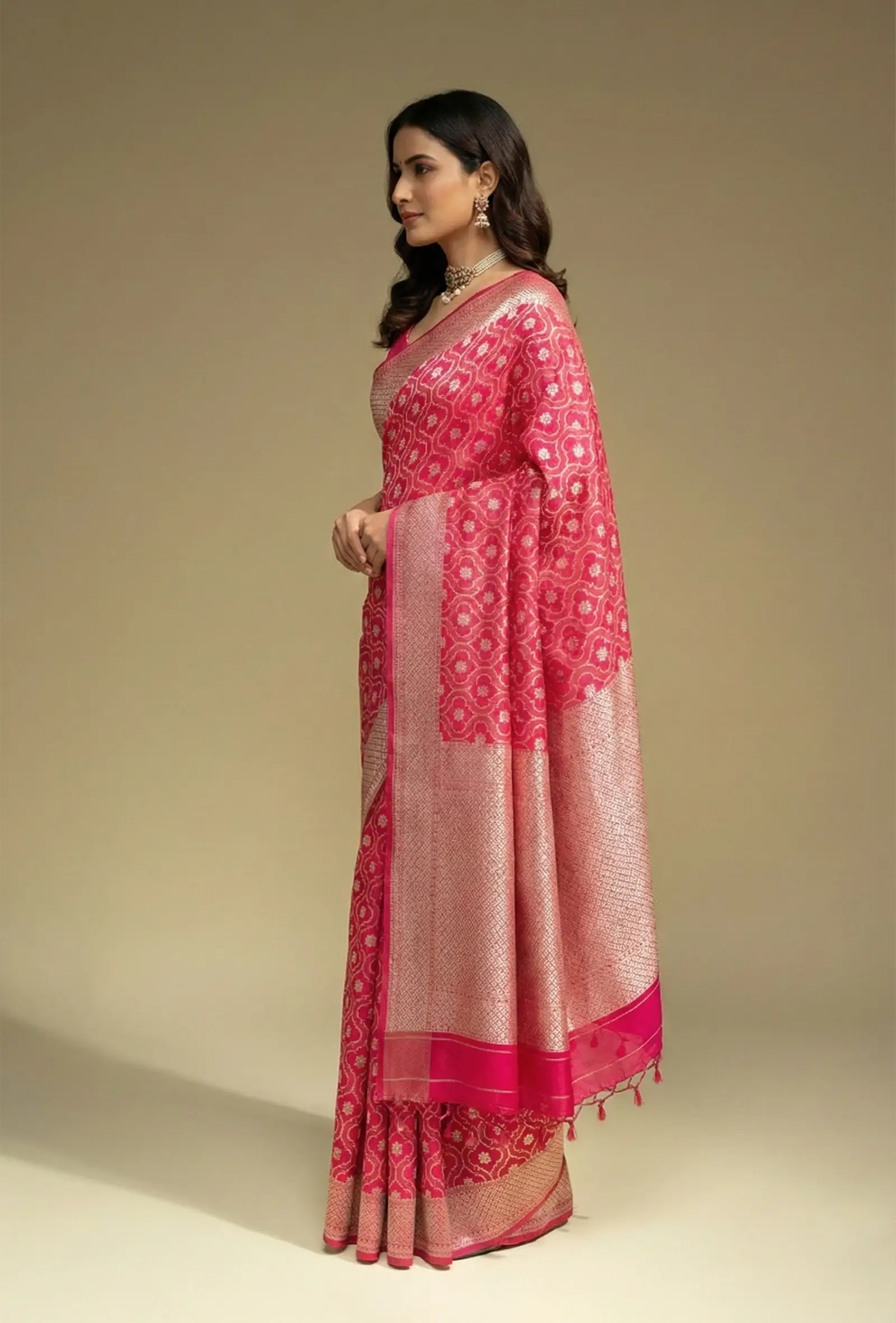 Rani Pink & Red Geometric Motif Mashru Silk Saree