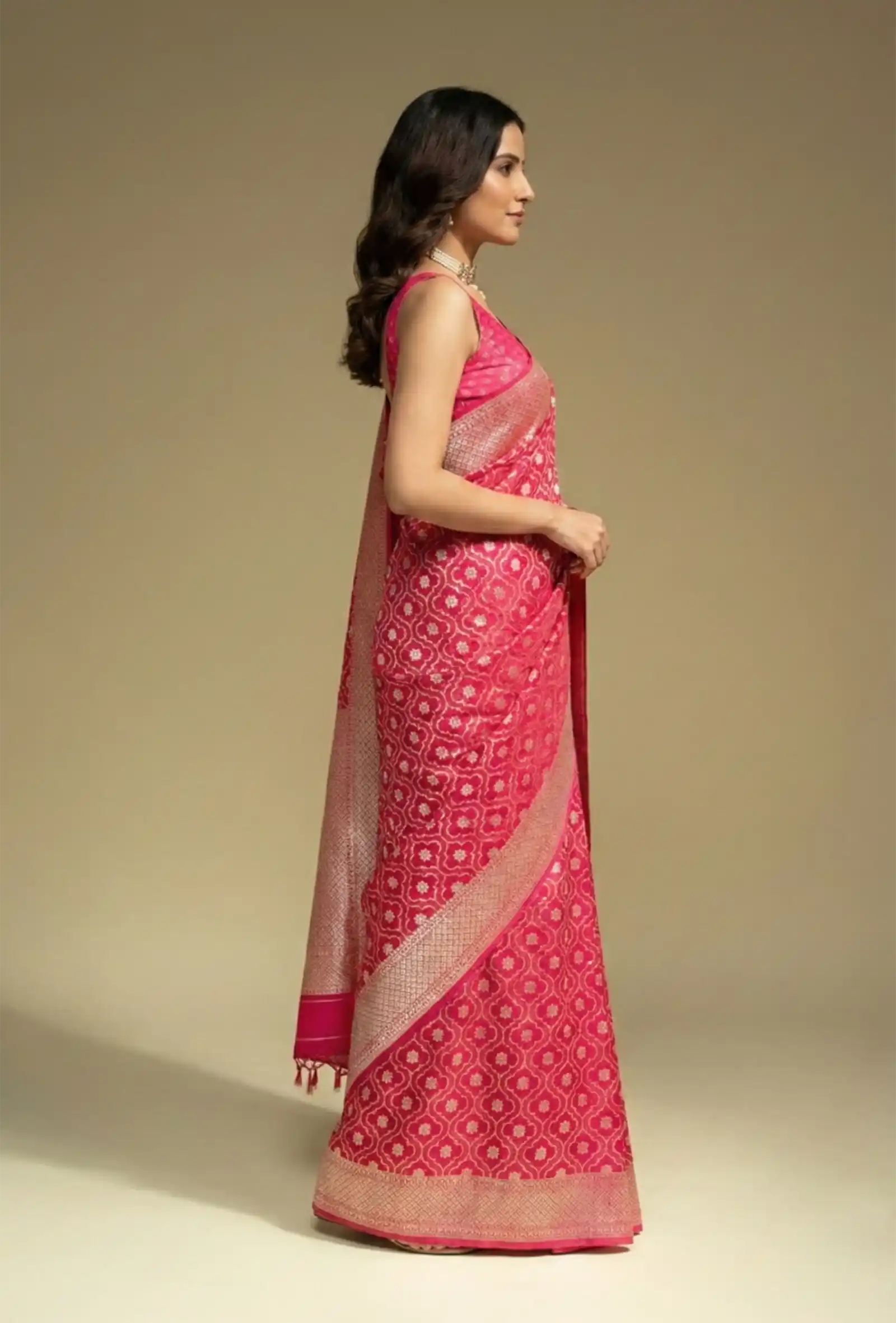 Rani Pink & Red Geometric Motif Mashru Silk Saree