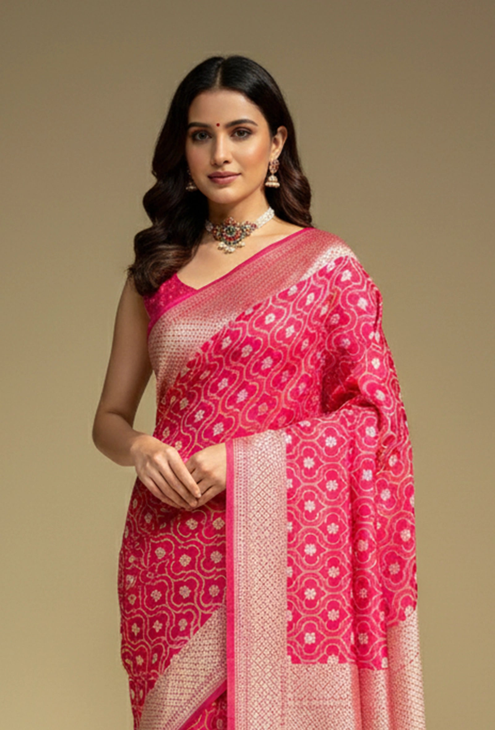 Rani Pink & Red Geometric Motif Mashru Silk Saree