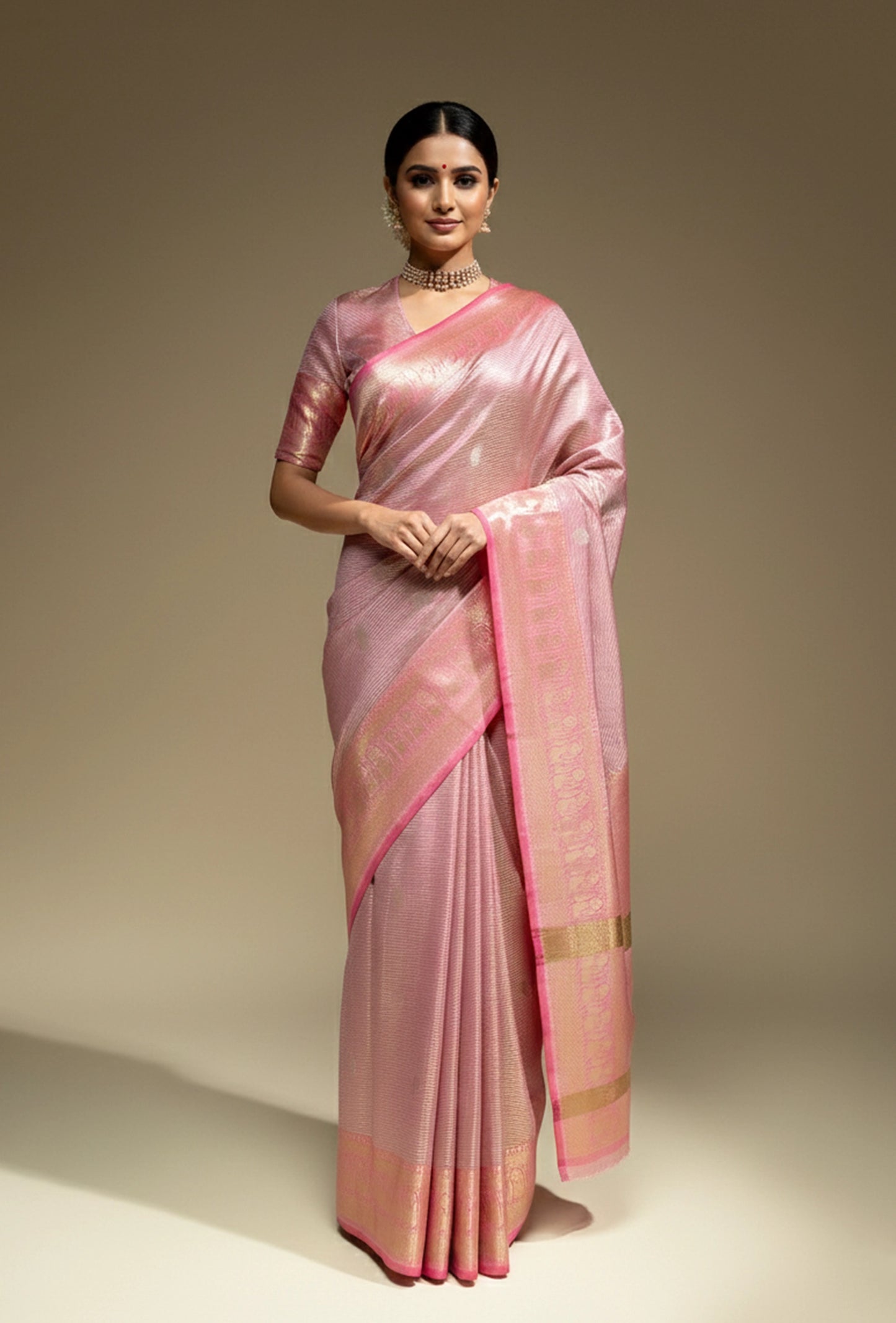 Kosa Silk Saree In Metallic Pink With A Glossy Finish